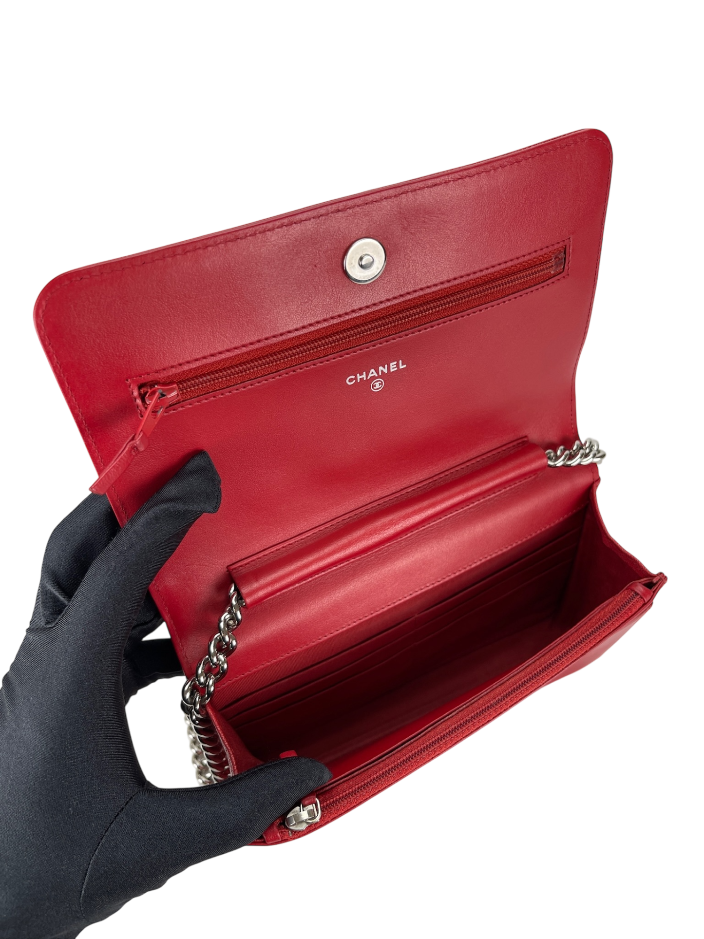 CHANEL - Red Caviar Boy Wallet On Chain Bag Sliver Hardware (WOC)