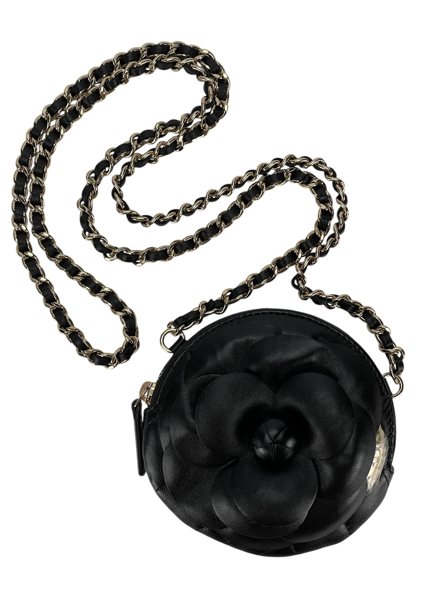 CHANEL - Black Lambskin Camellia Round Clutch With Chain