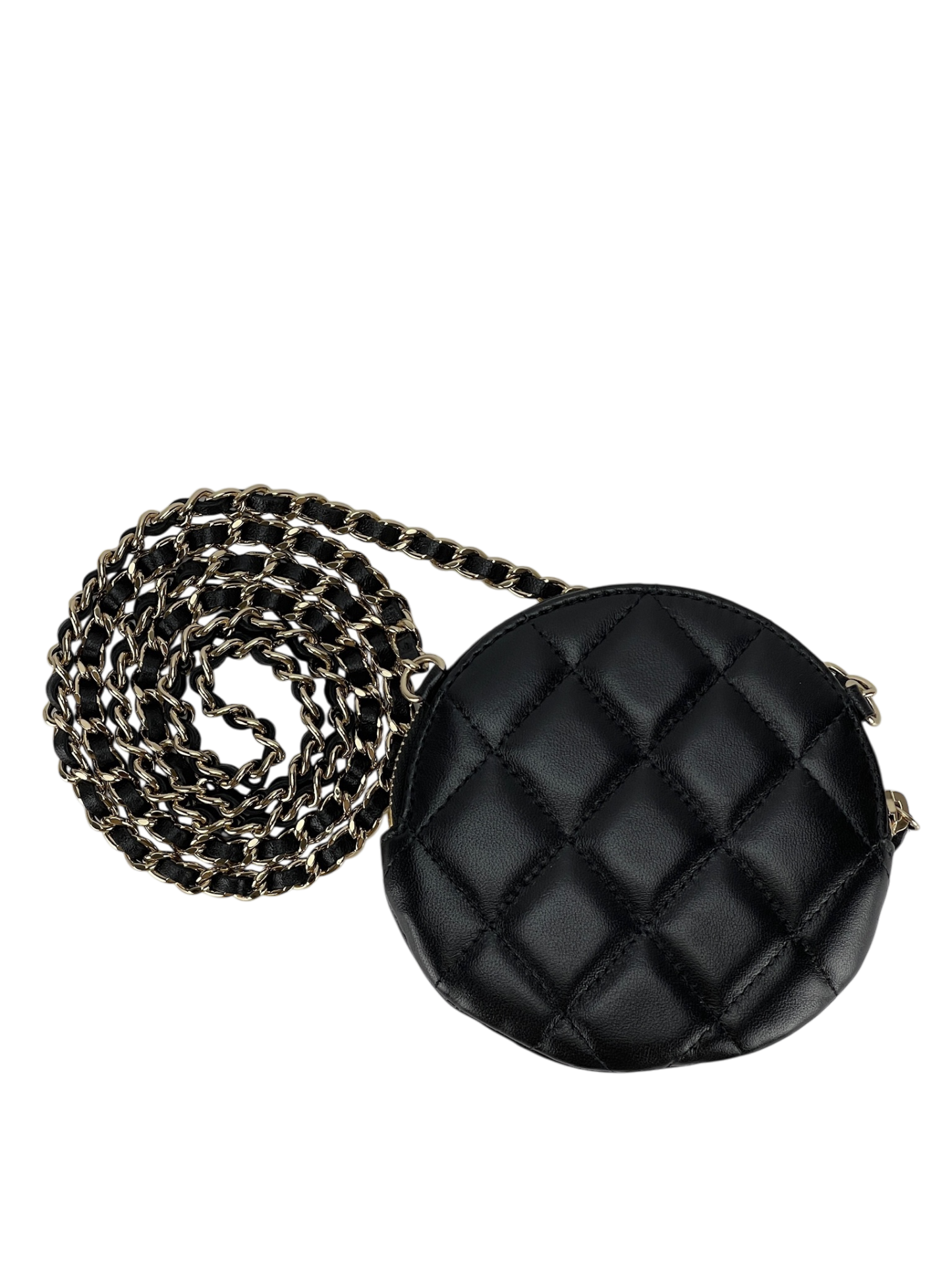 CHANEL - Black Lambskin Camellia Round Clutch With Chain