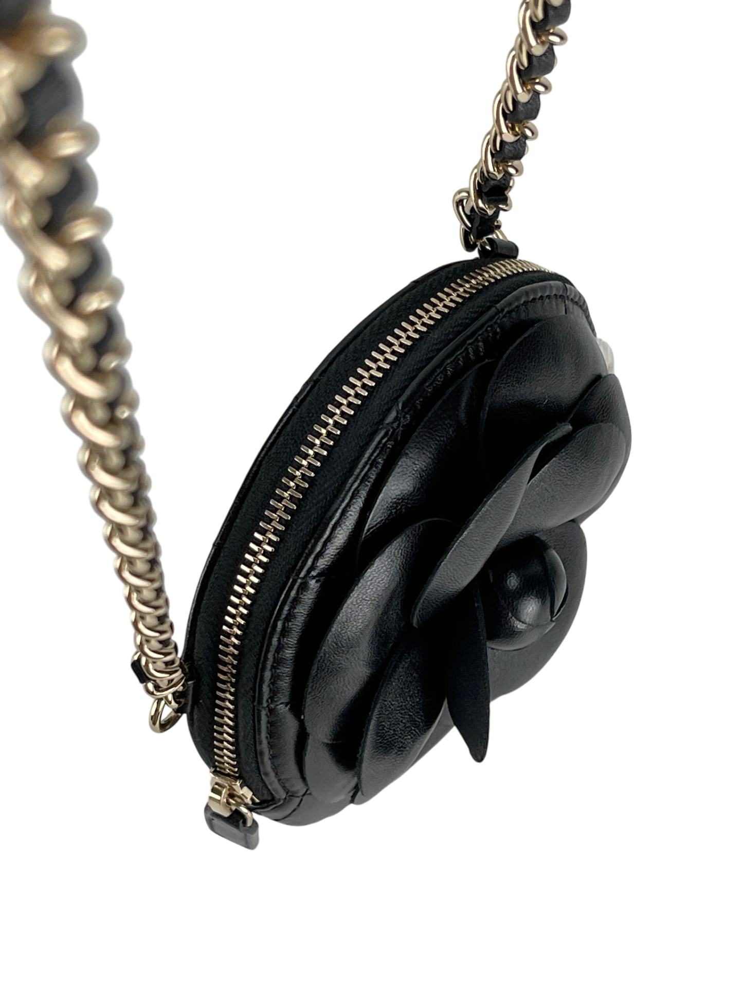 CHANEL - Black Lambskin Camellia Round Clutch With Chain
