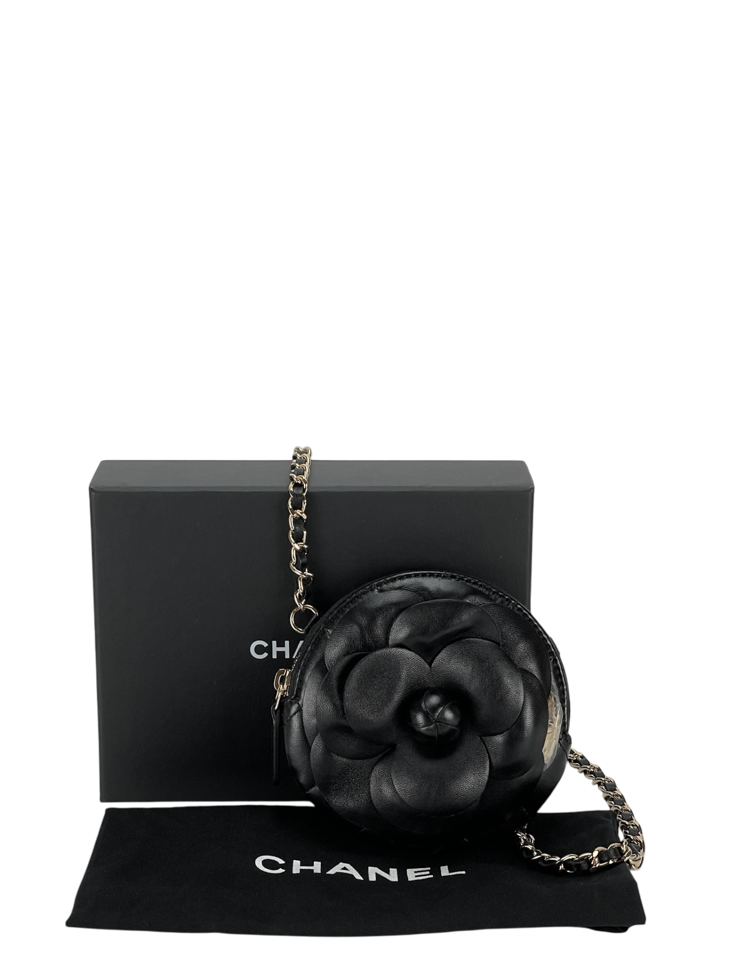 CHANEL - Black Lambskin Camellia Round Clutch With Chain