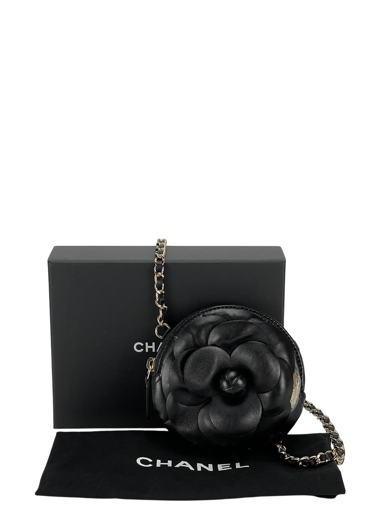 CHANEL - Black Lambskin Camellia Round Clutch With Chain