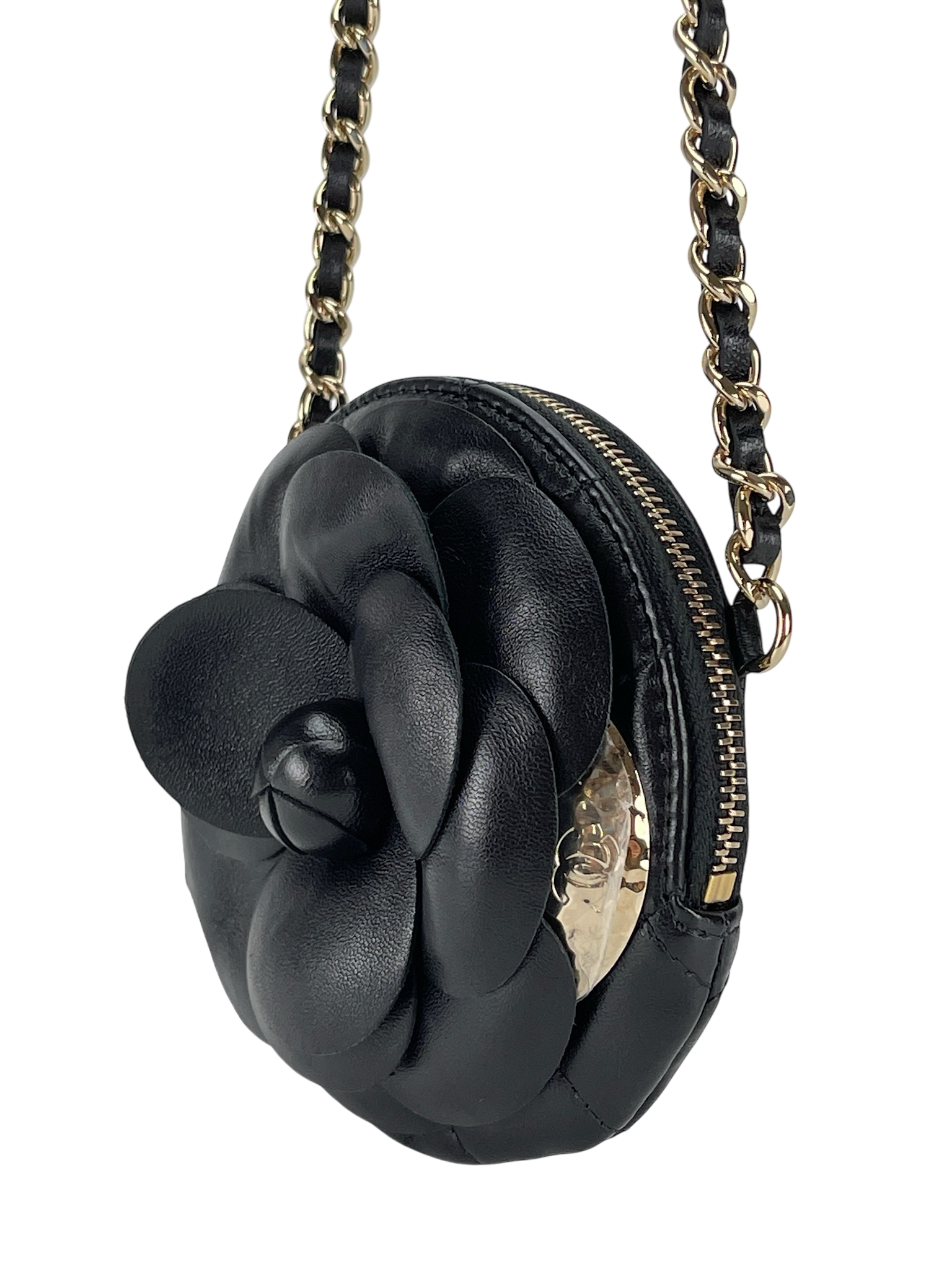 CHANEL - Black Lambskin Camellia Round Clutch With Chain