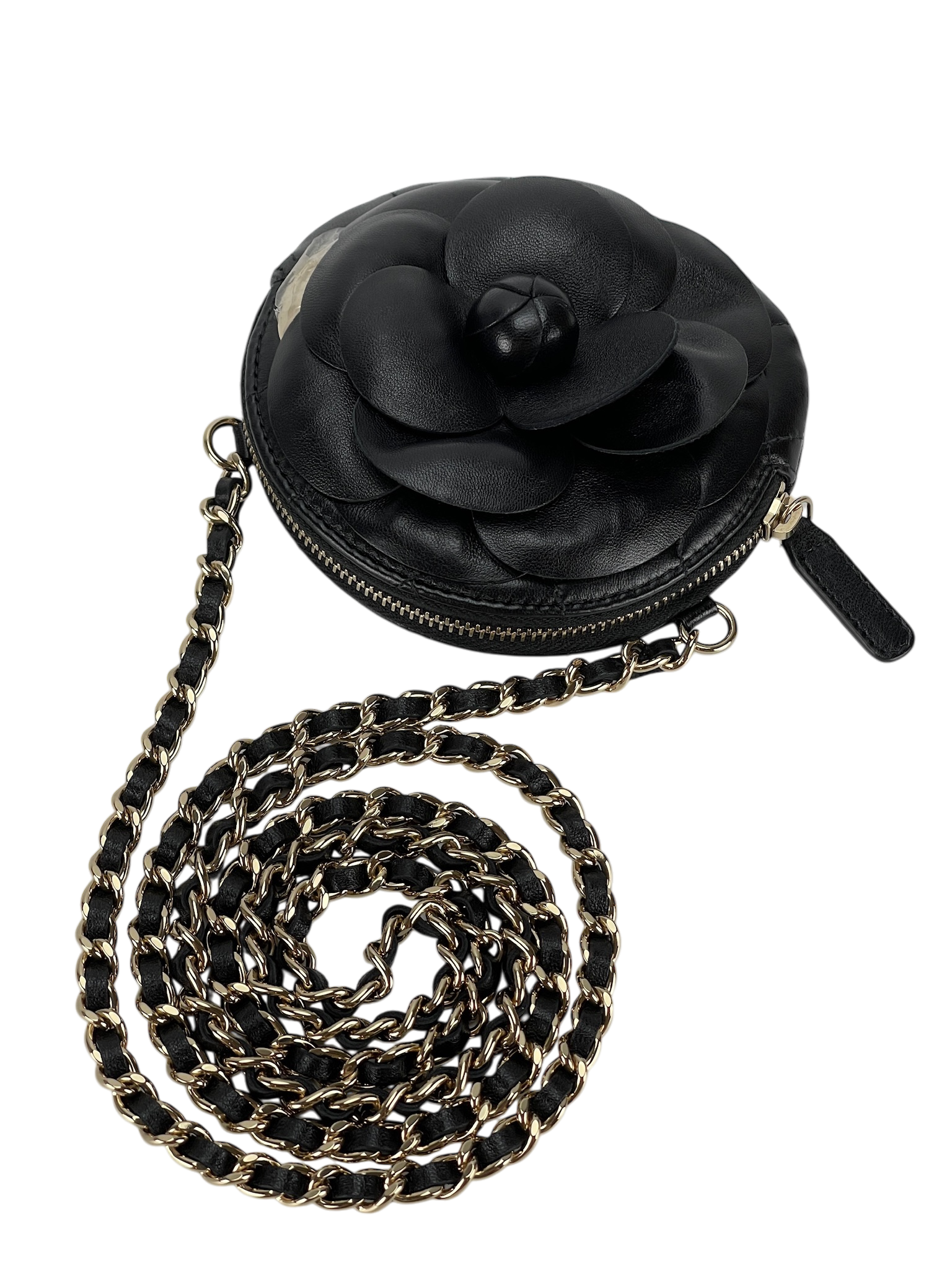 CHANEL - Black Lambskin Camellia Round Clutch With Chain