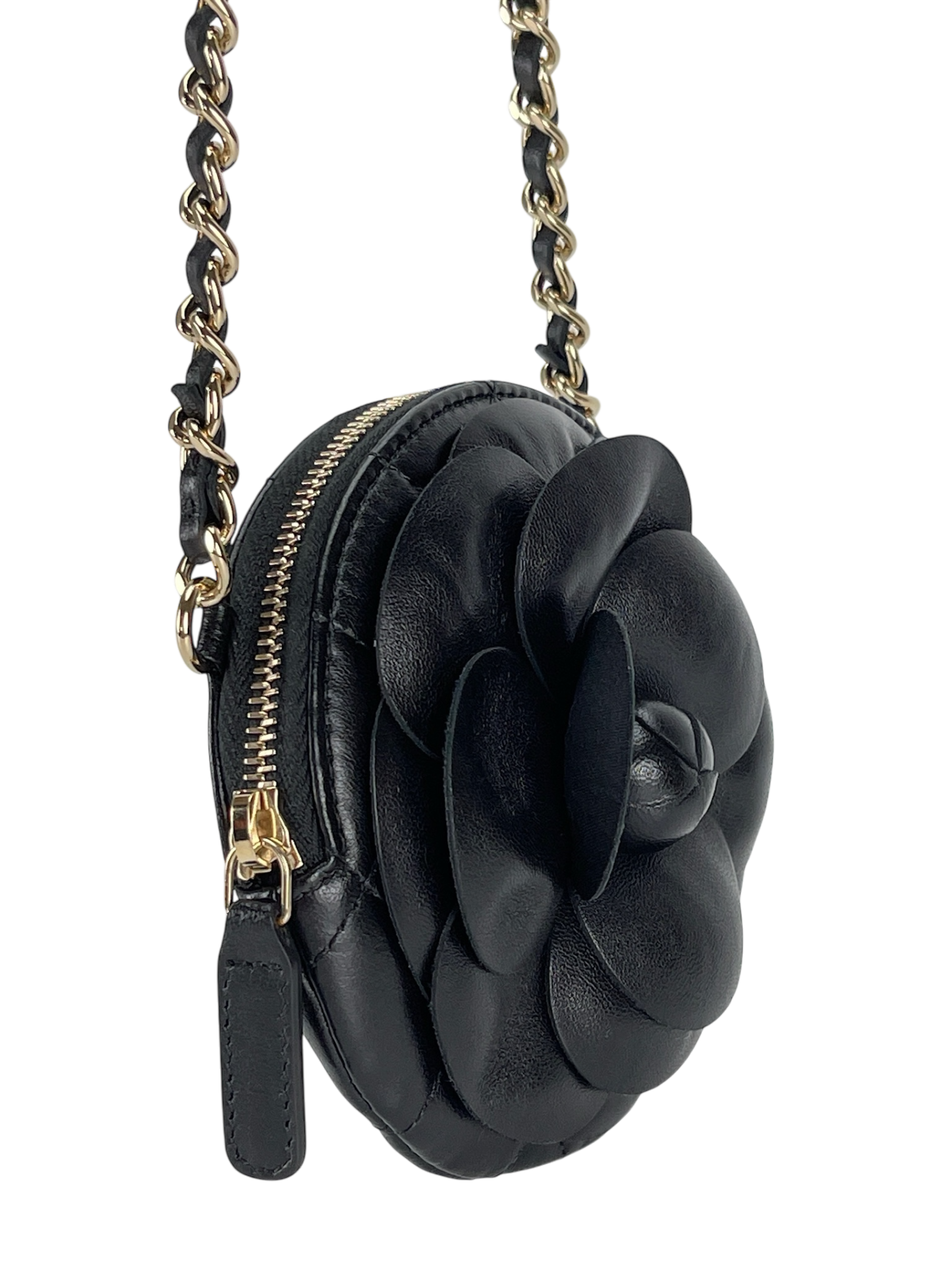 CHANEL - Black Lambskin Camellia Round Clutch With Chain