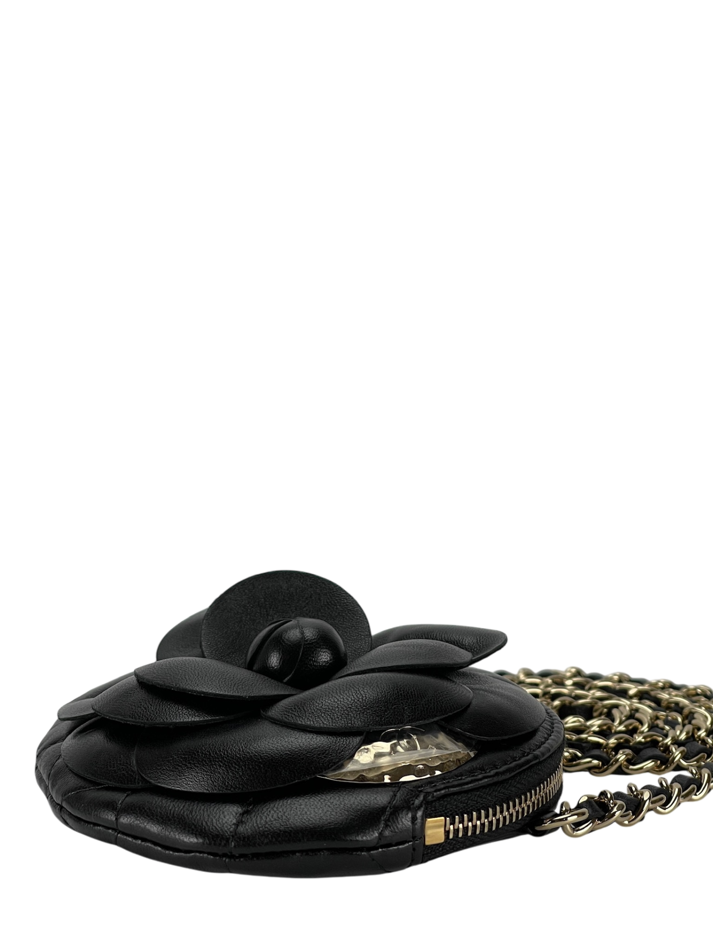 CHANEL - Black Lambskin Camellia Round Clutch With Chain
