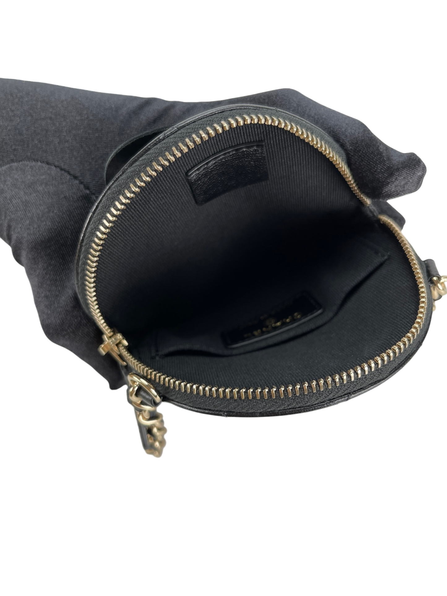 CHANEL - Black Lambskin Camellia Round Clutch With Chain