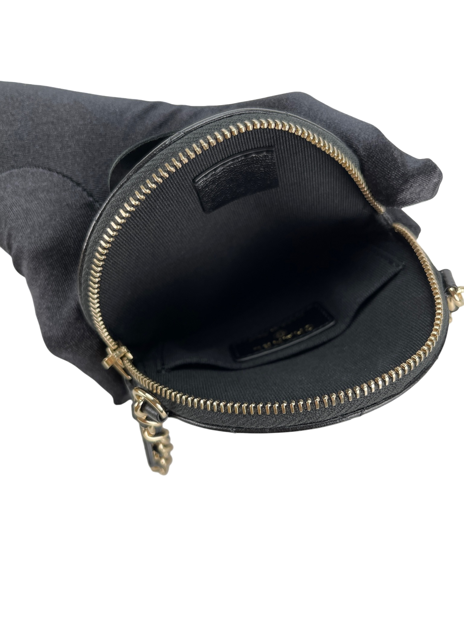 CHANEL - Black Lambskin Camellia Round Clutch With Chain