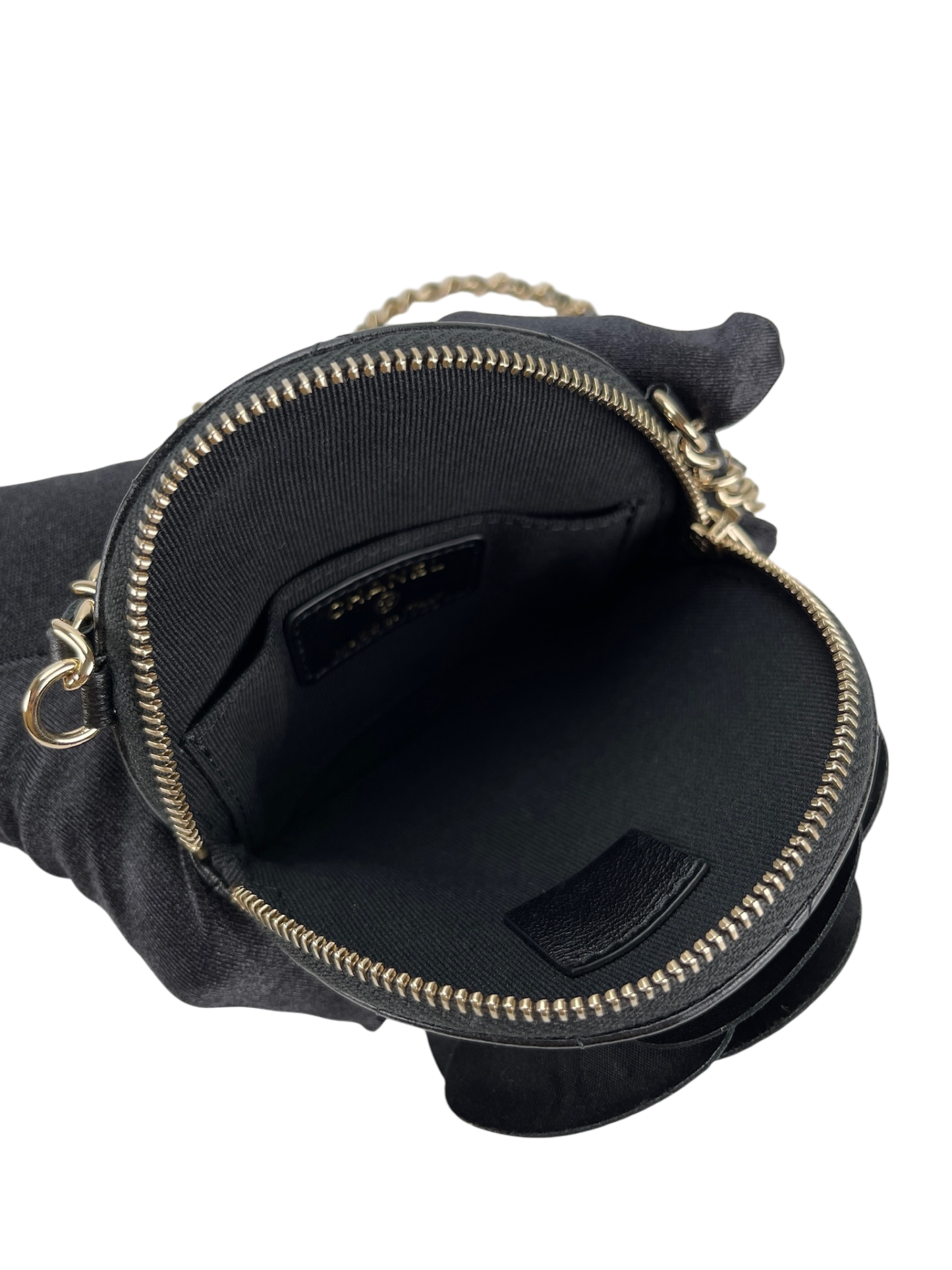 CHANEL - Black Lambskin Camellia Round Clutch With Chain