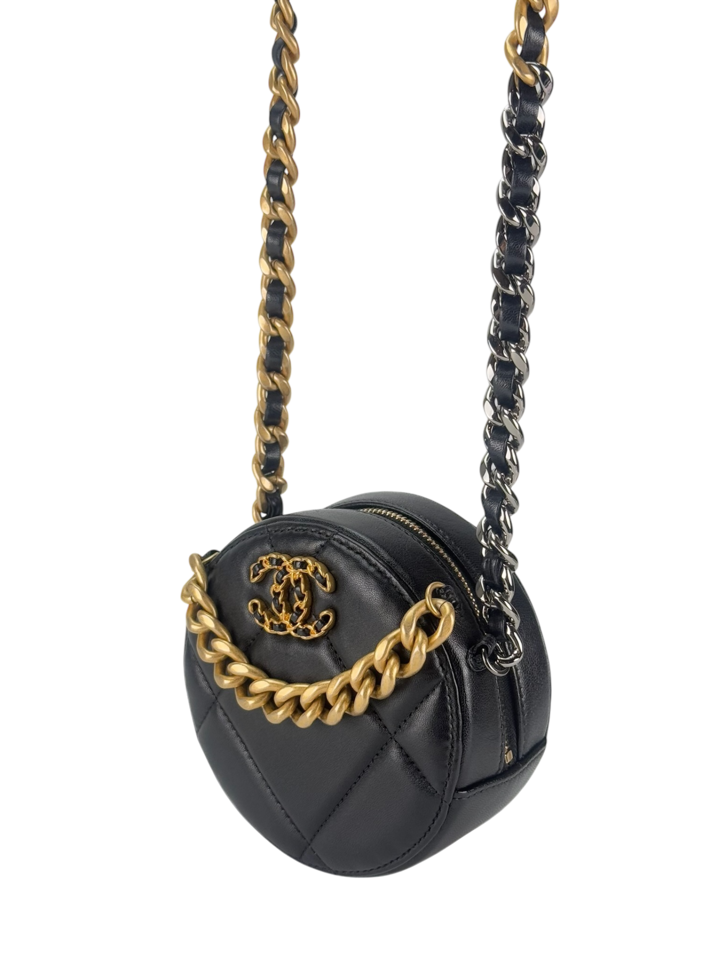 CHANEL - Black Lambskin 19 Round Clutch With Chain