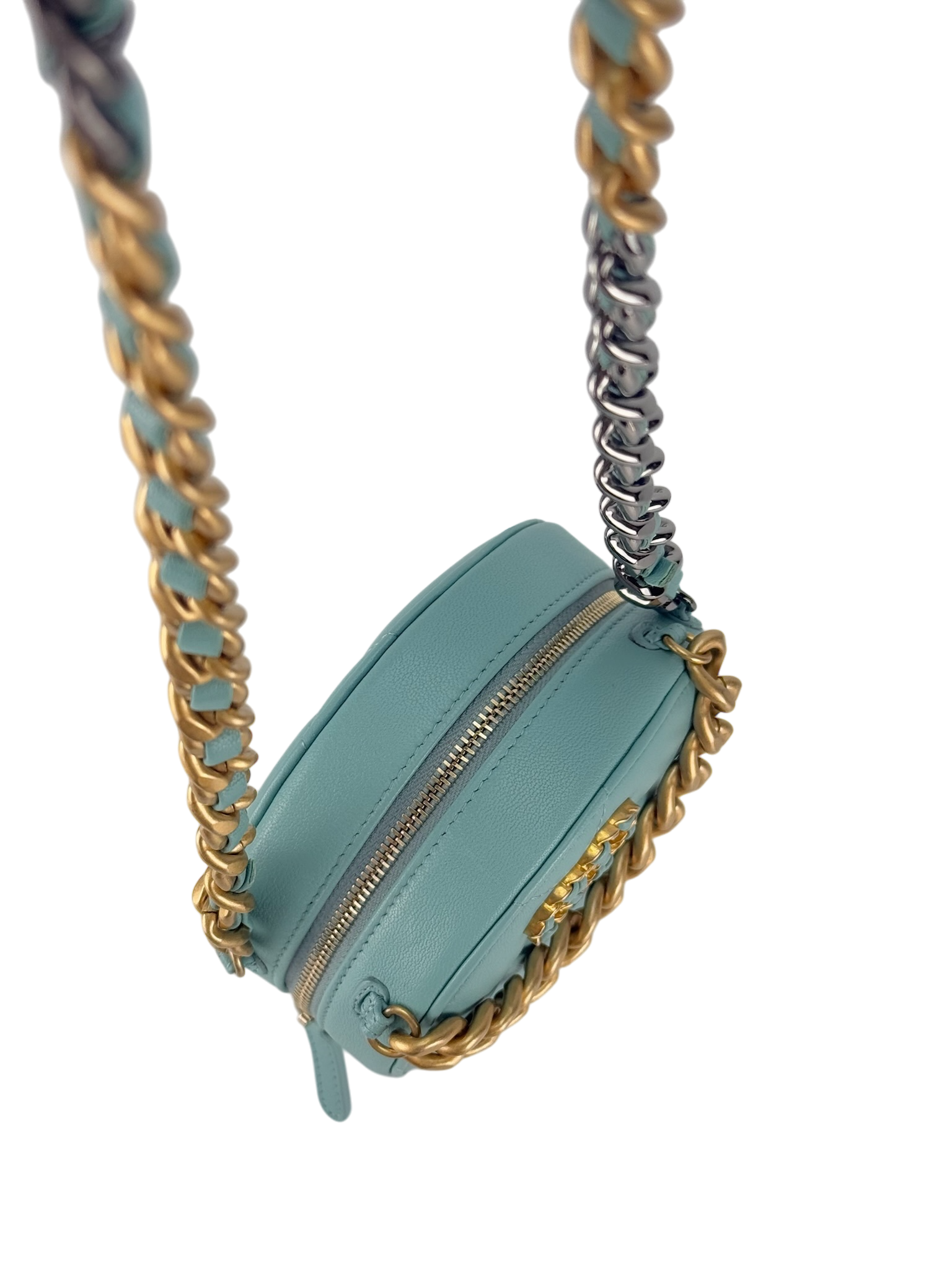 CHANEL - Blue Lambskin 19 Round Clutch With Chain