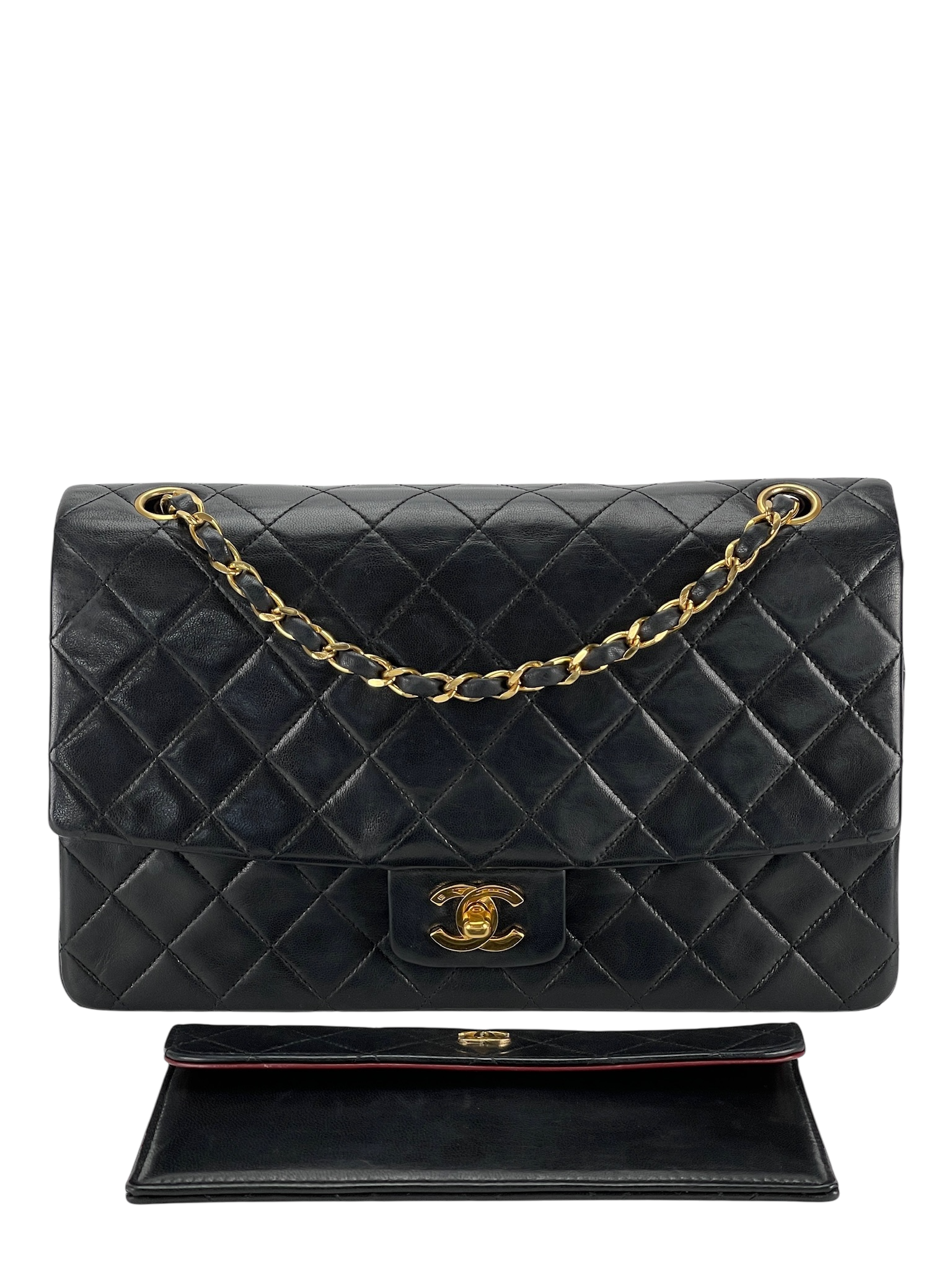CHANEL - Black Lambskin Medium Classic Single Flap Shoulder Bag With Pouch