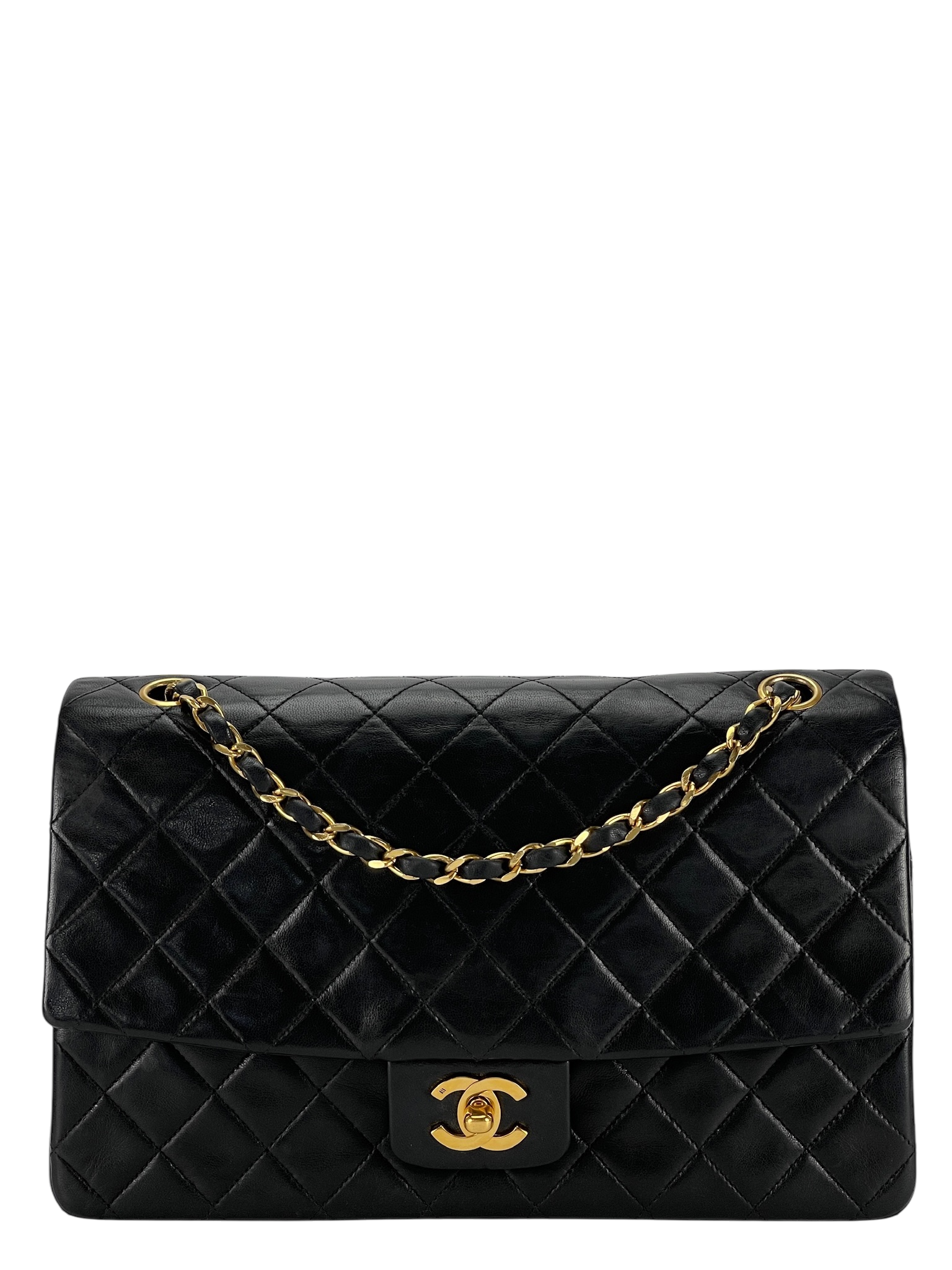 CHANEL - Black Lambskin Medium Classic Single Flap Shoulder Bag With Pouch