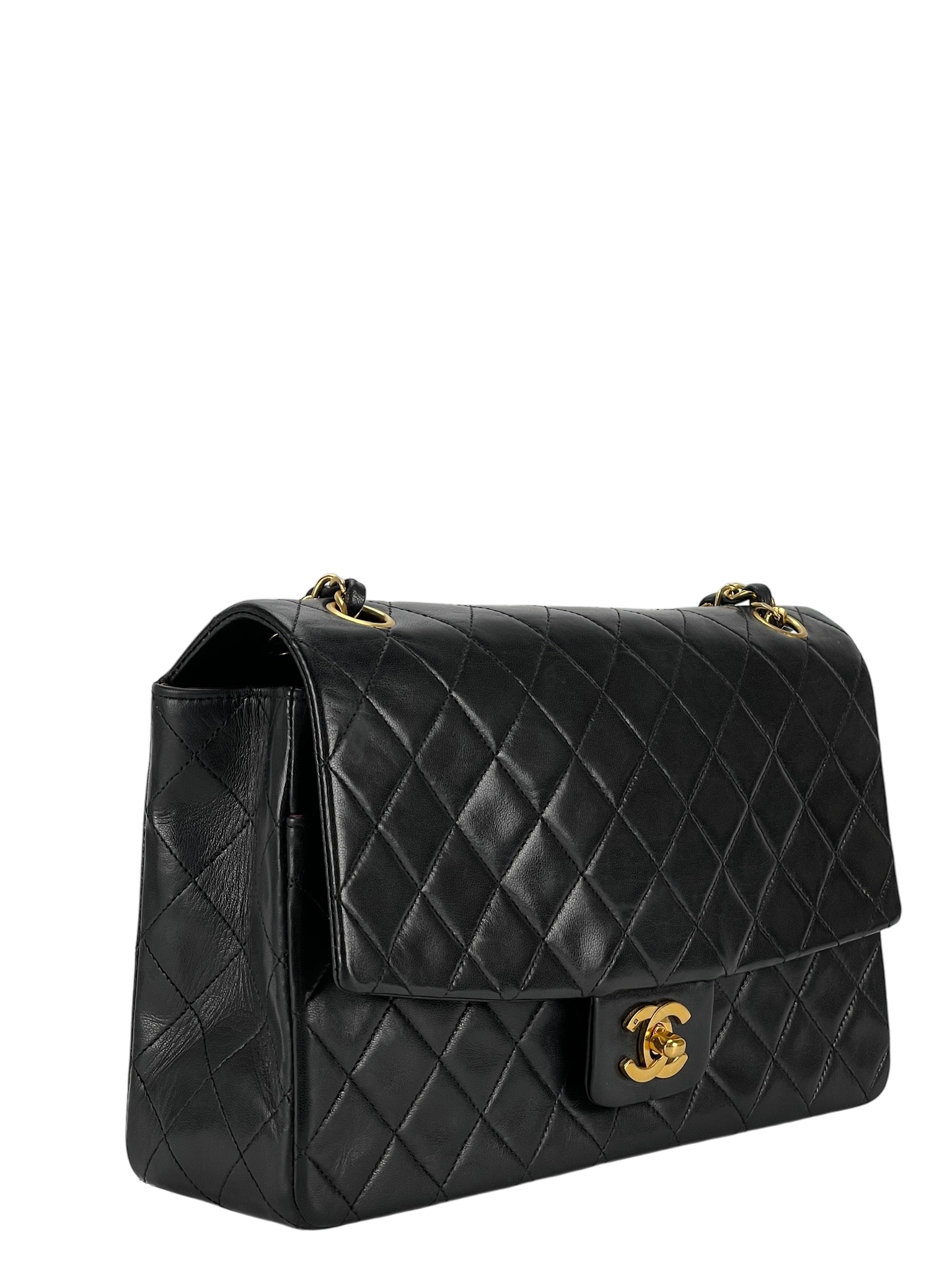 CHANEL - Black Lambskin Medium Classic Single Flap Shoulder Bag With Pouch