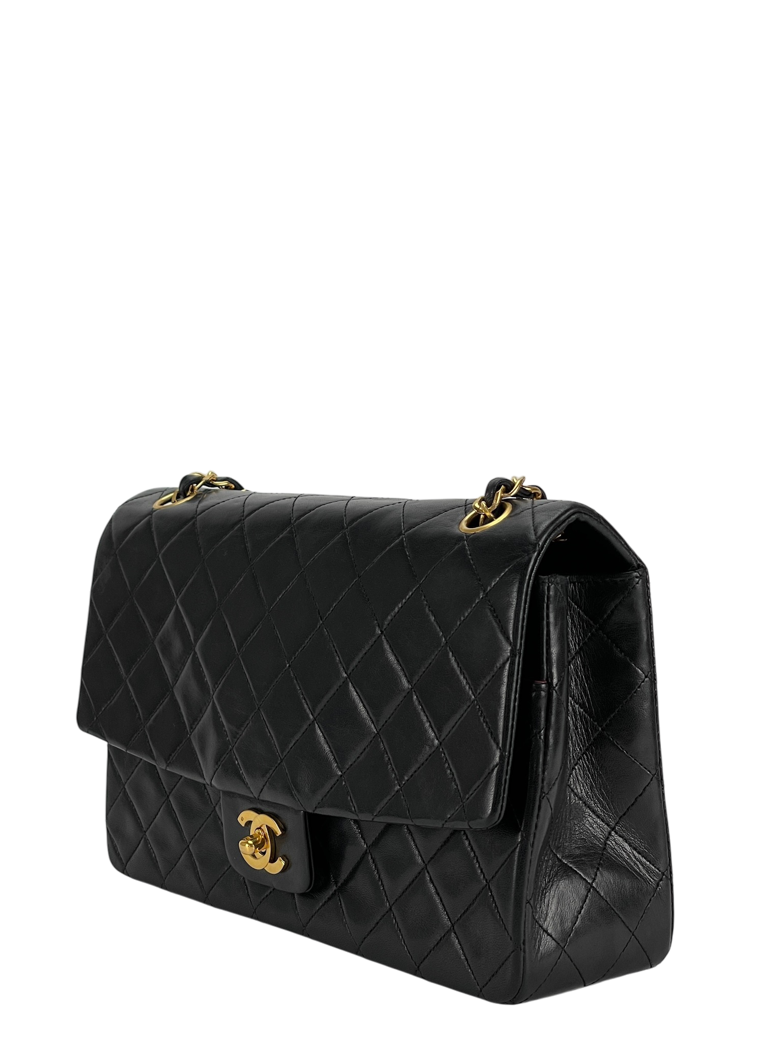 CHANEL - Black Lambskin Medium Classic Single Flap Shoulder Bag With Pouch