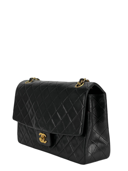 CHANEL - Black Lambskin Medium Classic Single Flap Shoulder Bag With Pouch