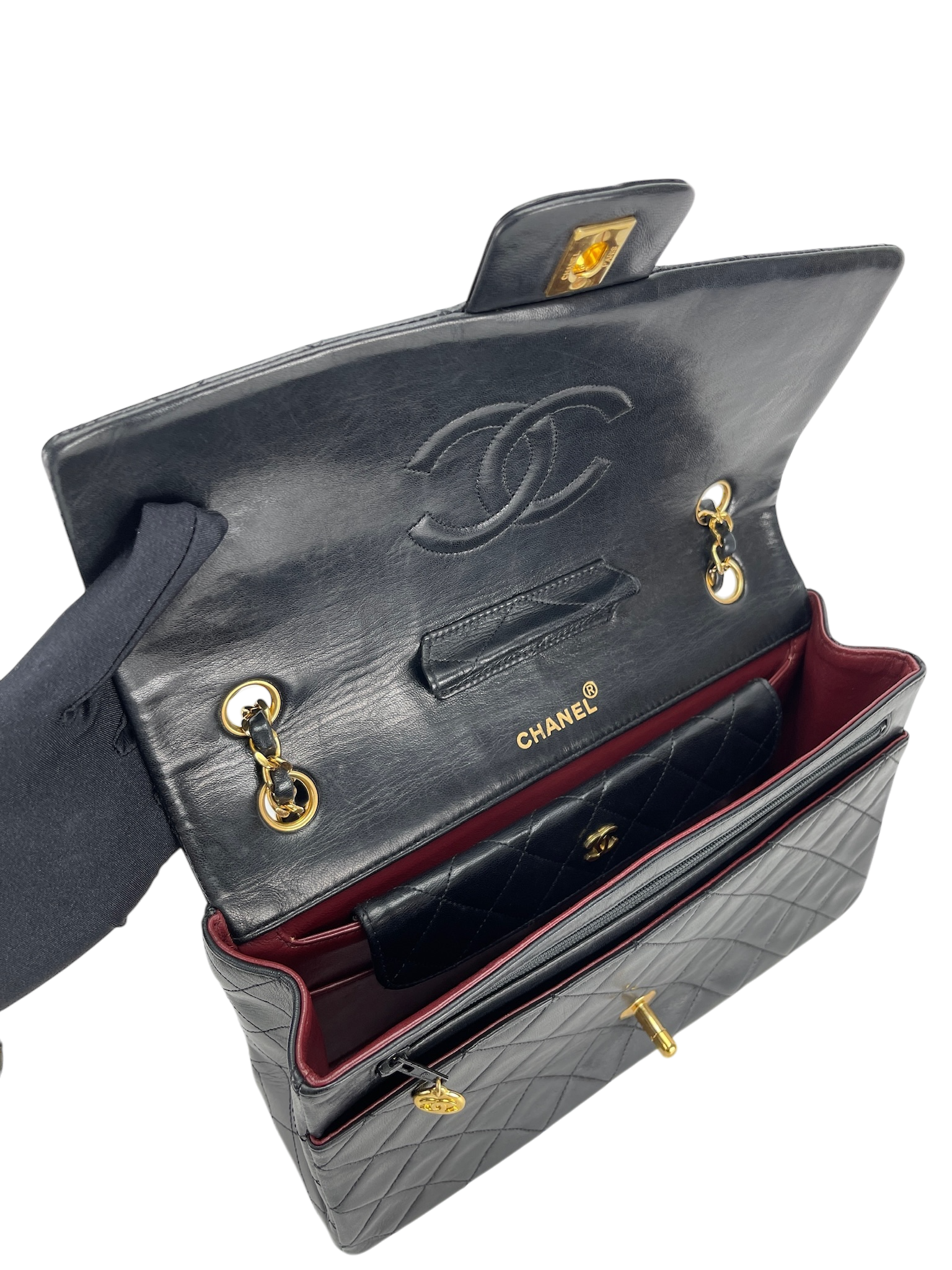 CHANEL - Black Lambskin Medium Classic Single Flap Shoulder Bag With Pouch