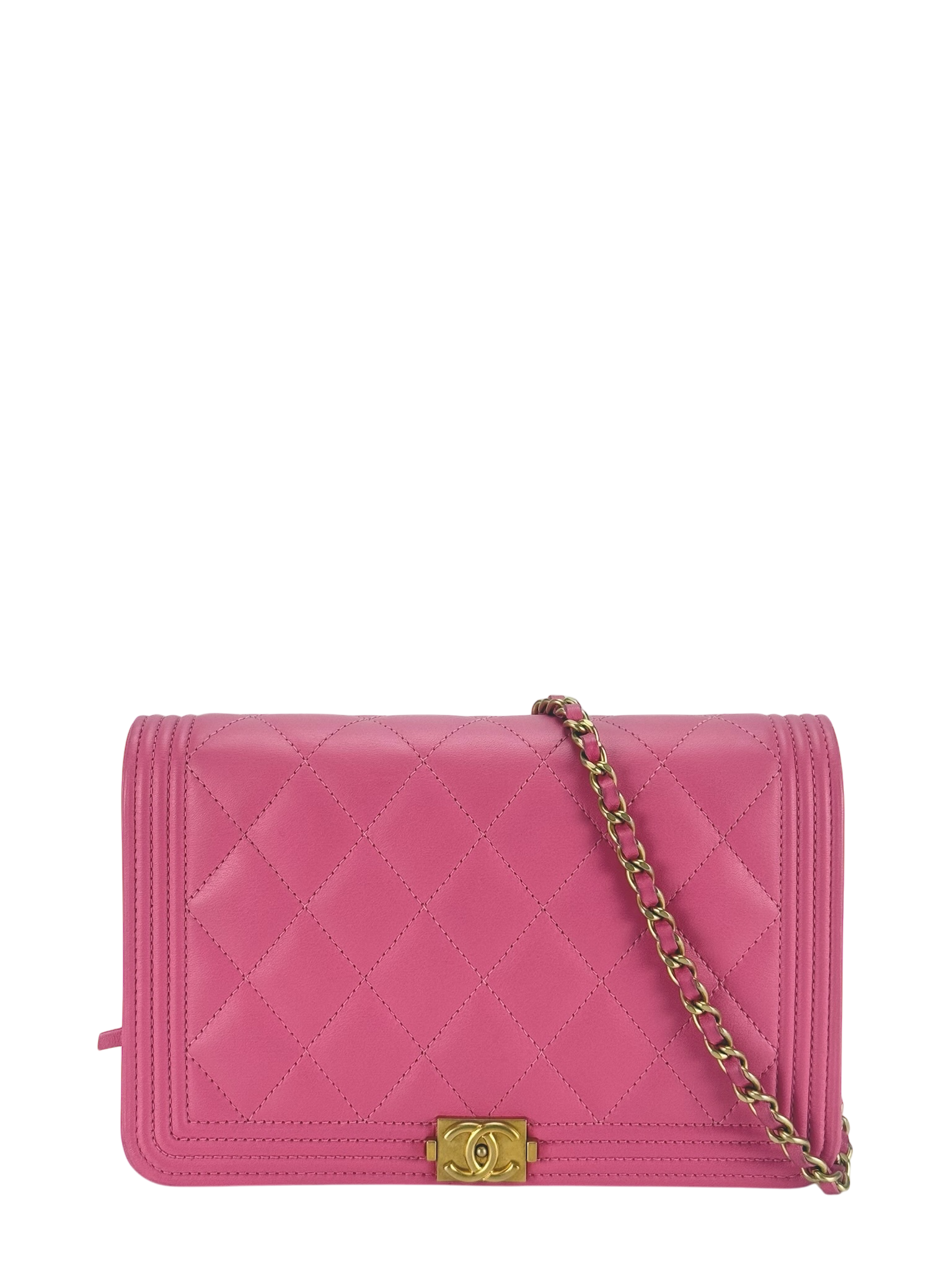 CHANEL - Pink Calfskin Boy Wallet On Chain Bag Gold Hardware  (WOC)