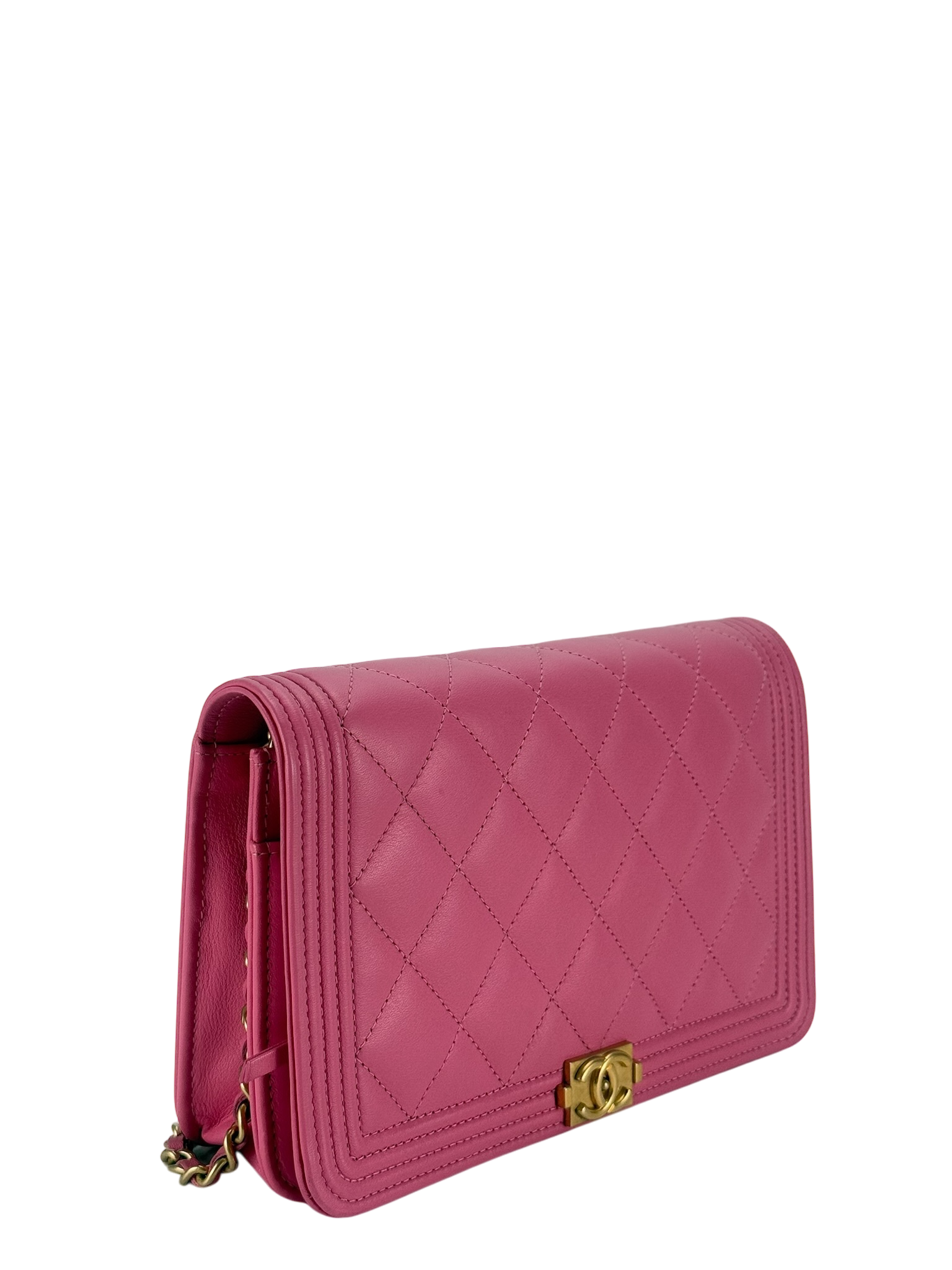 CHANEL - Pink Calfskin Boy Wallet On Chain Bag Gold Hardware (WOC)