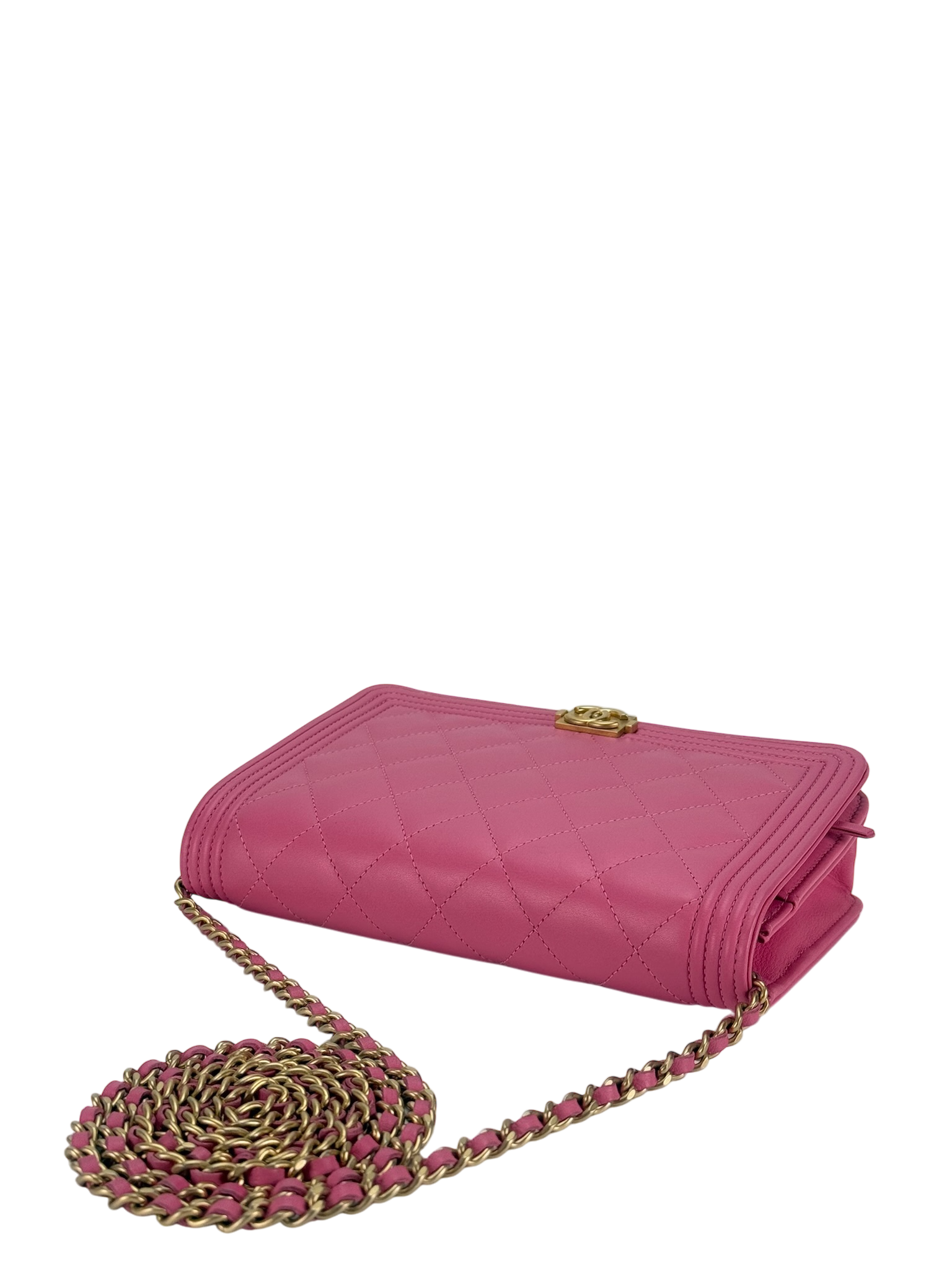CHANEL - Pink Calfskin Boy Wallet On Chain Bag Gold Hardware (WOC)