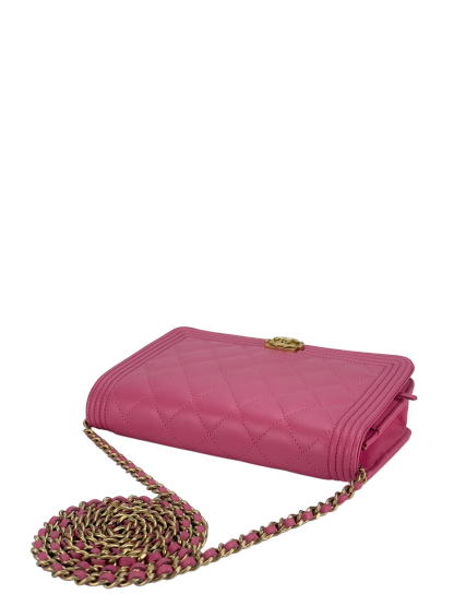 CHANEL - Pink Calfskin Boy Wallet On Chain Bag Gold Hardware  (WOC)