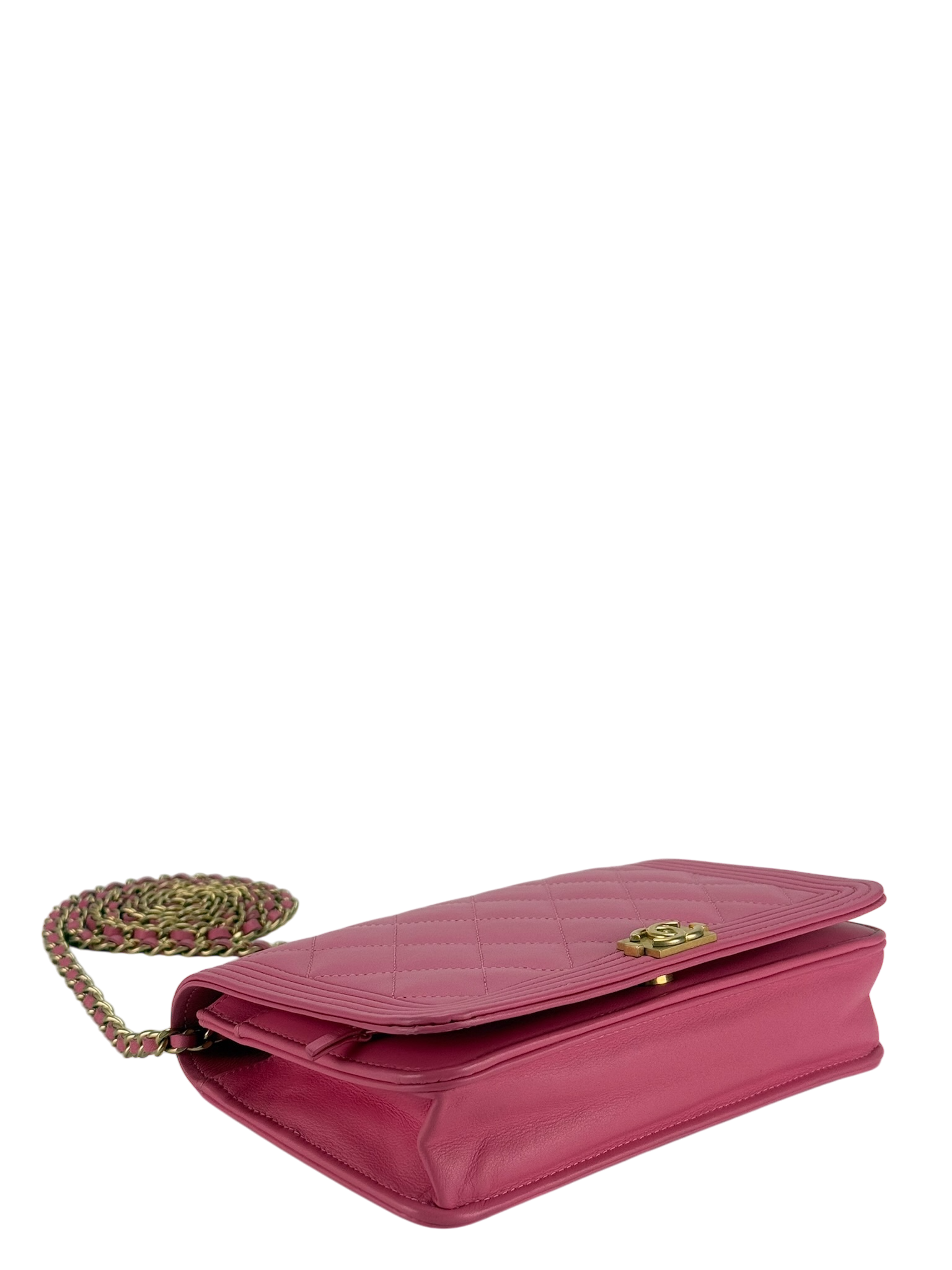 CHANEL - Pink Calfskin Boy Wallet On Chain Bag Gold Hardware (WOC)