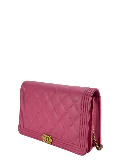 CHANEL - Pink Calfskin Boy Wallet On Chain Bag Gold Hardware  (WOC)