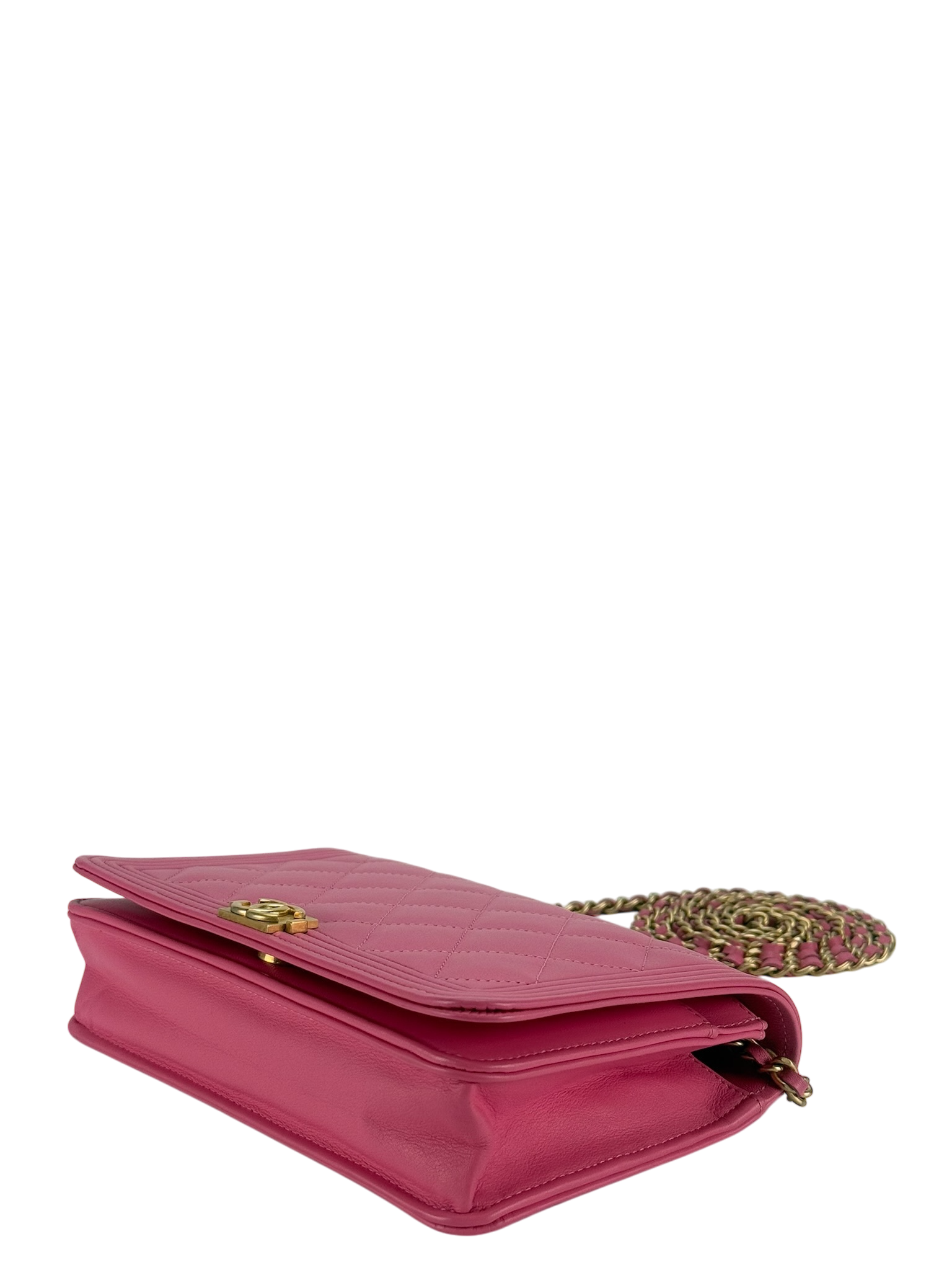 CHANEL - Pink Calfskin Boy Wallet On Chain Bag Gold Hardware (WOC)