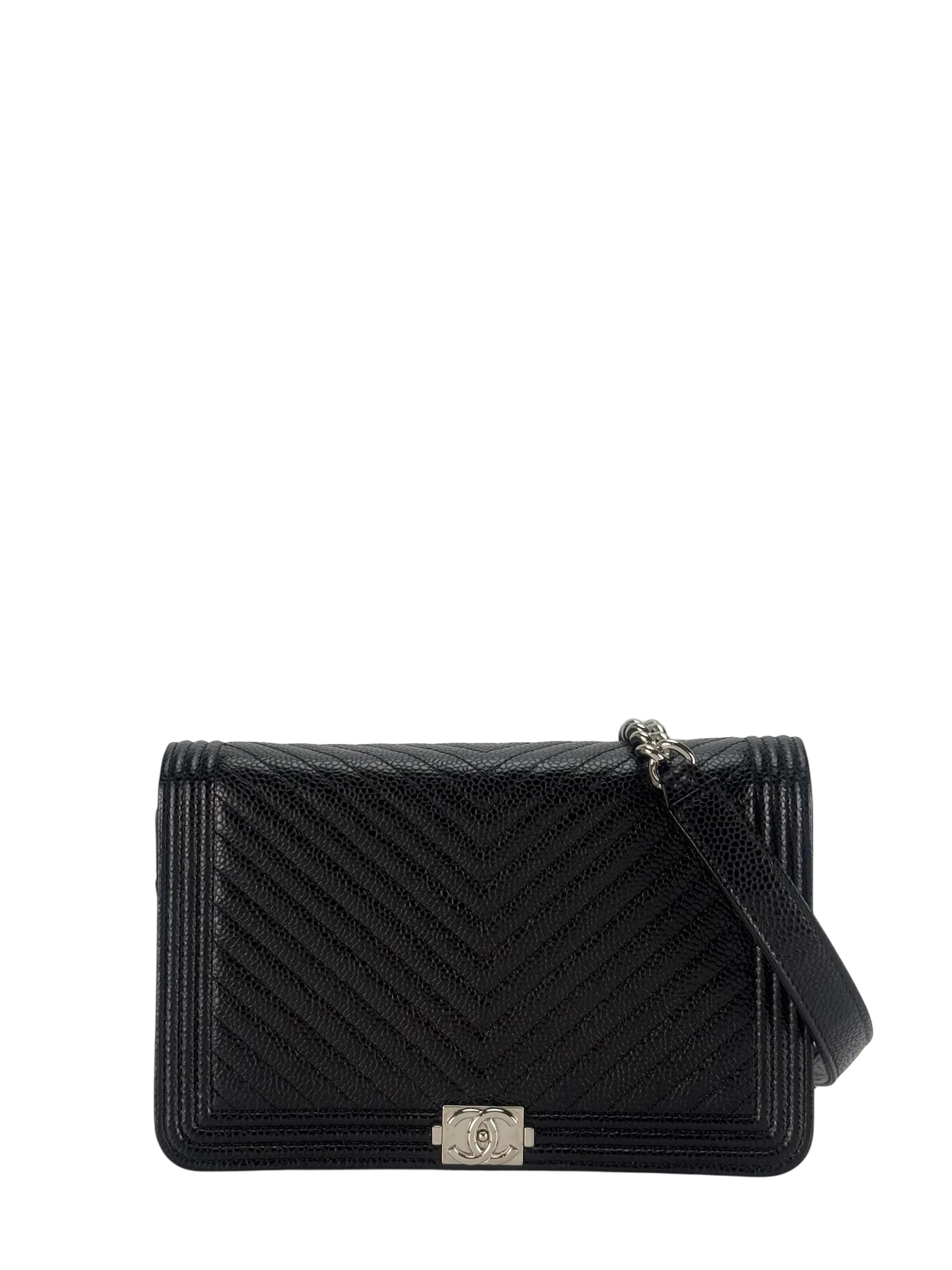 CHANEL - Black Cavair skin Boy Wallet On Chain (WOC)