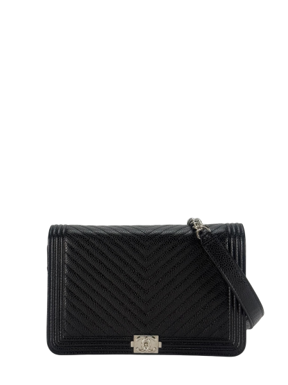 CHANEL - Black Cavair skin Boy Wallet On Chain (WOC)