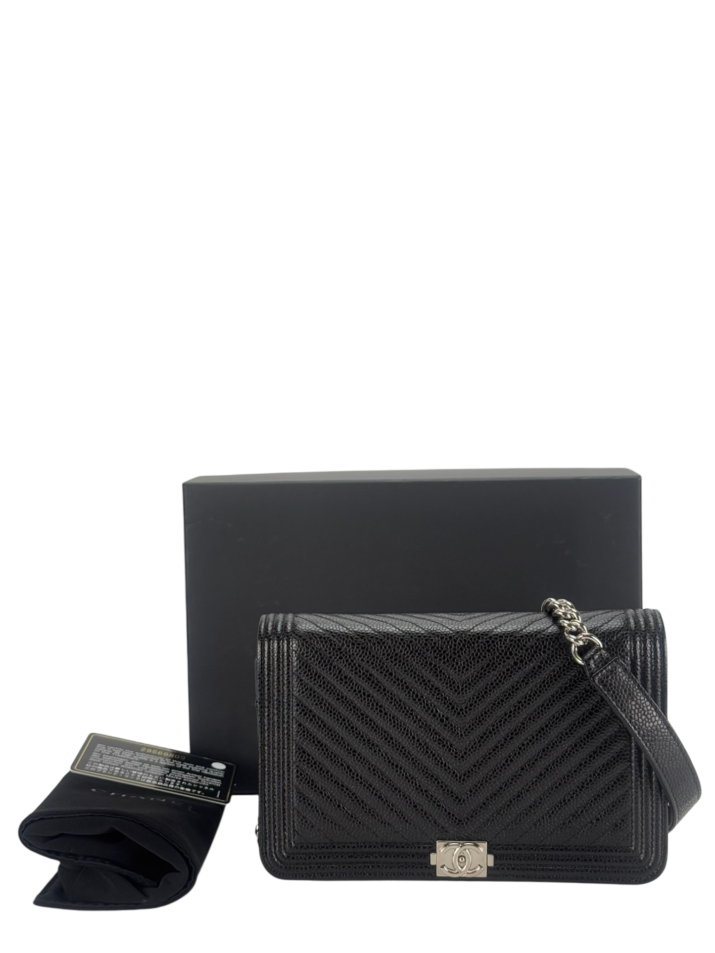 CHANEL - Black Cavair skin Boy Wallet On Chain (WOC)