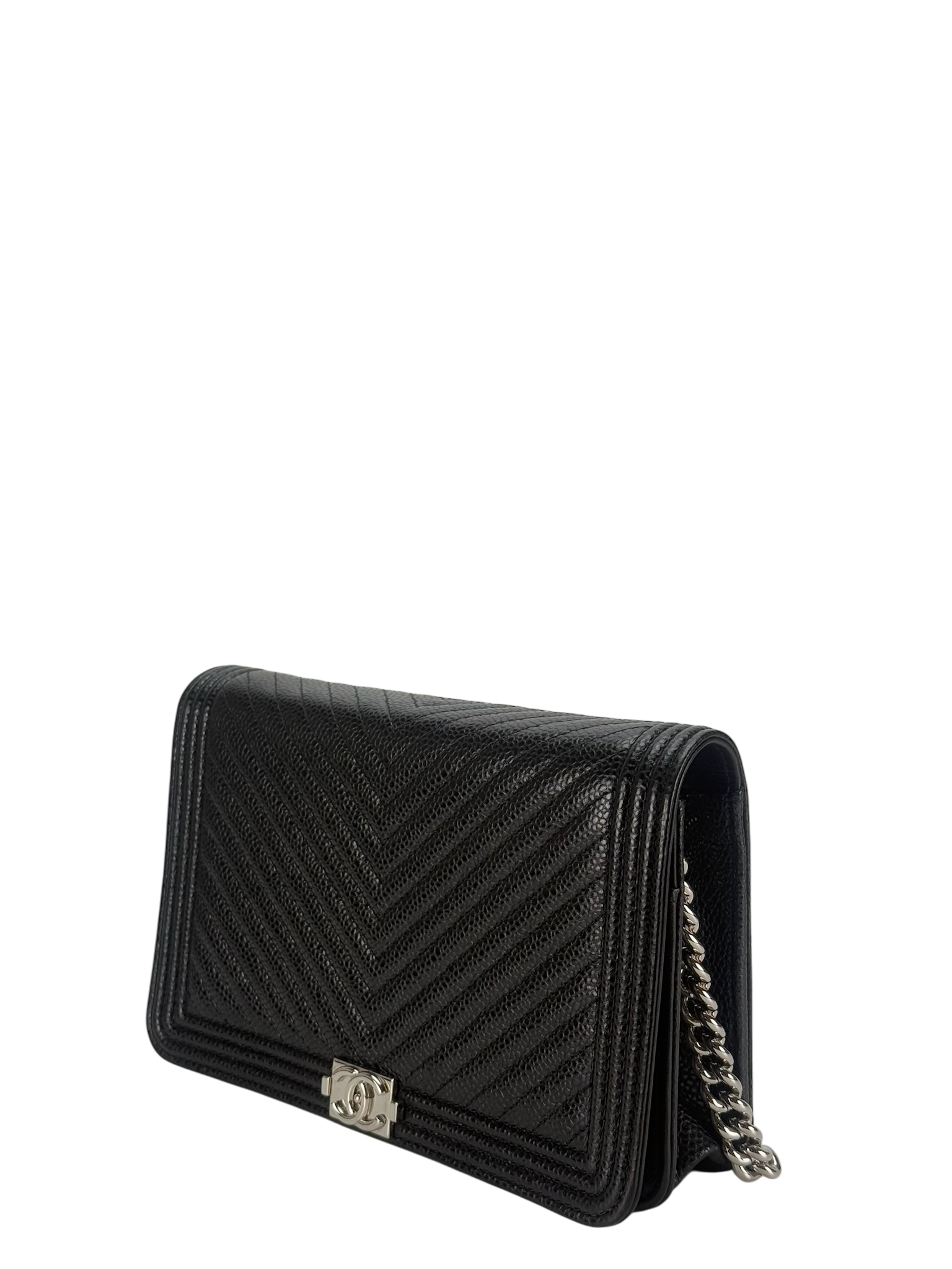 CHANEL - Black Cavair skin Boy Wallet On Chain (WOC)