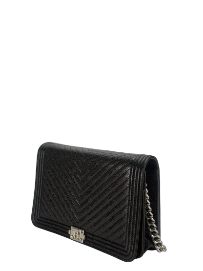 CHANEL - Black Cavair skin Boy Wallet On Chain (WOC)