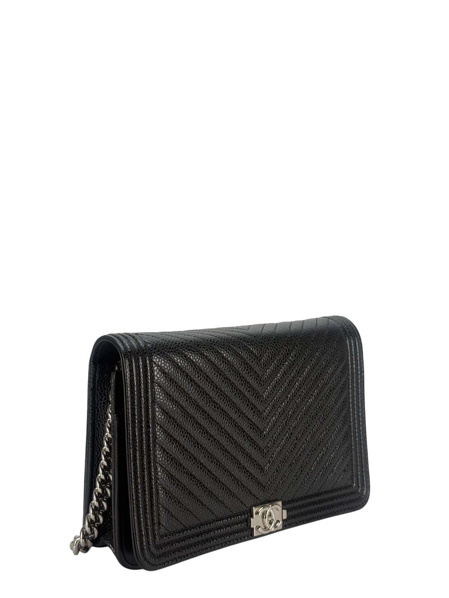 CHANEL - Black Cavair skin Boy Wallet On Chain (WOC)