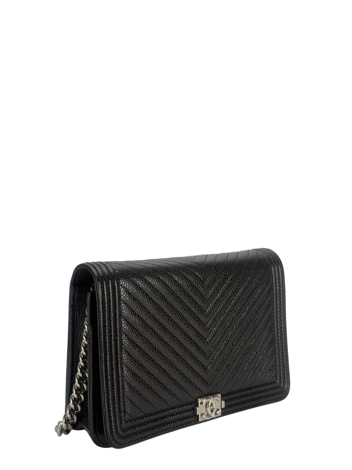 CHANEL - Black Cavair skin Boy Wallet On Chain (WOC)