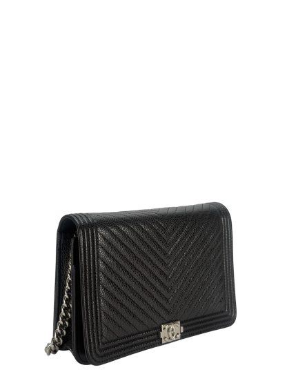 CHANEL - Black Cavair skin Boy Wallet On Chain (WOC)