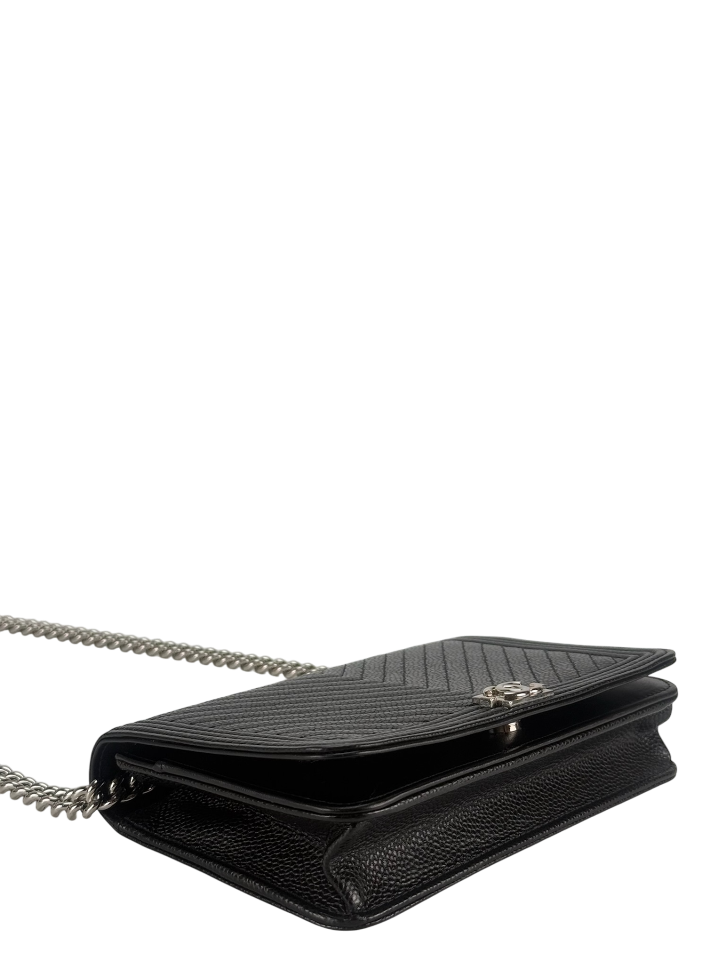 CHANEL - Black Cavair skin Boy Wallet On Chain (WOC)
