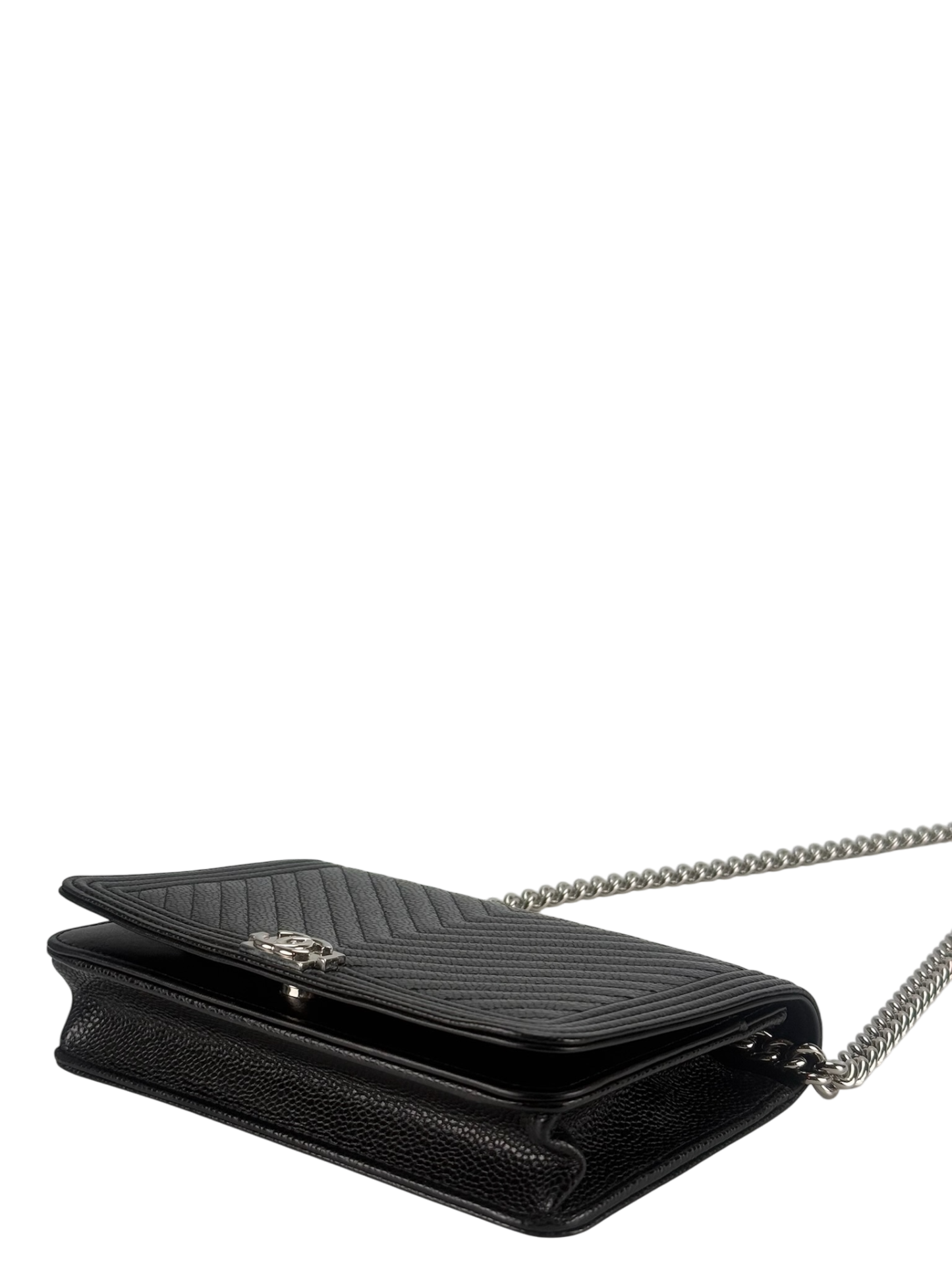 CHANEL - Black Cavair skin Boy Wallet On Chain (WOC)