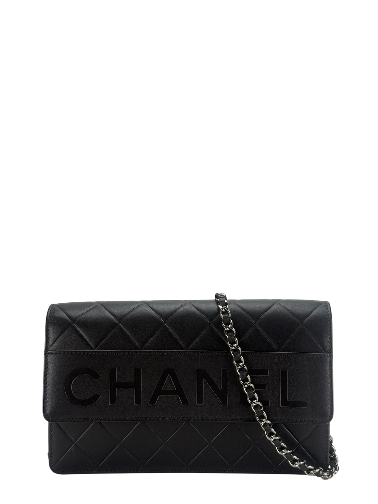 CHANEL - Black Logo Lambskin Wallet On Chain Silver Hardware (WOC)