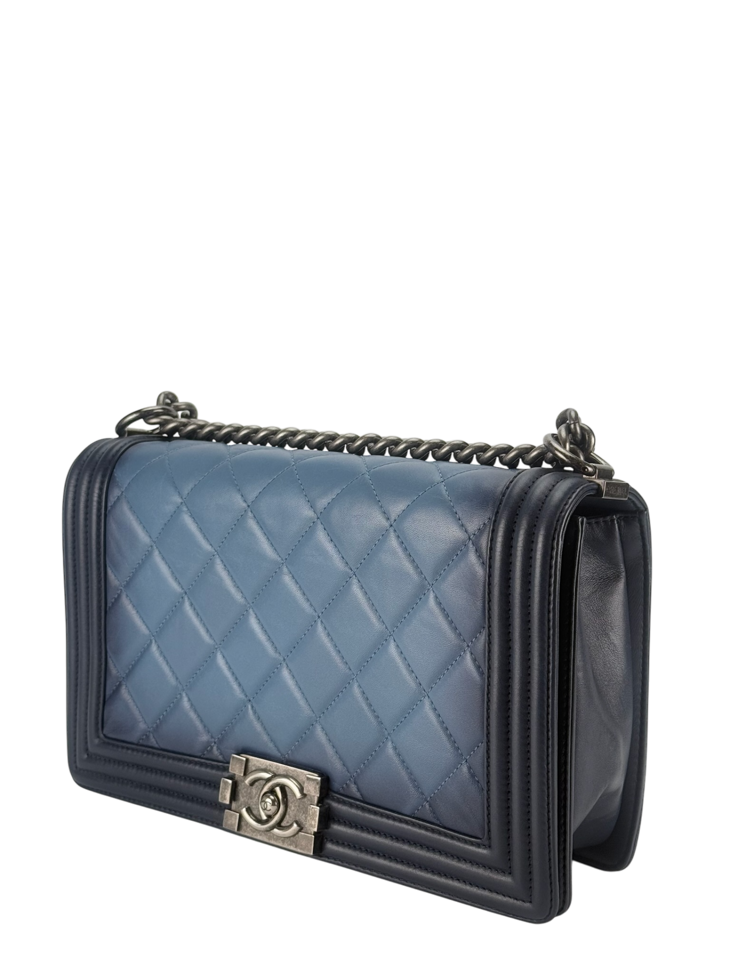 CHANEL - Medium Boy Flap Bag Navy Ombre Faded Calfskin Sliver Hardware