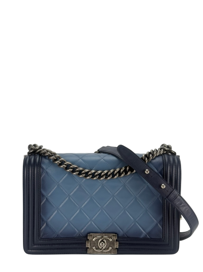 CHANEL - Medium Boy Flap Bag Navy Ombre Faded Calfskin Sliver Hardware