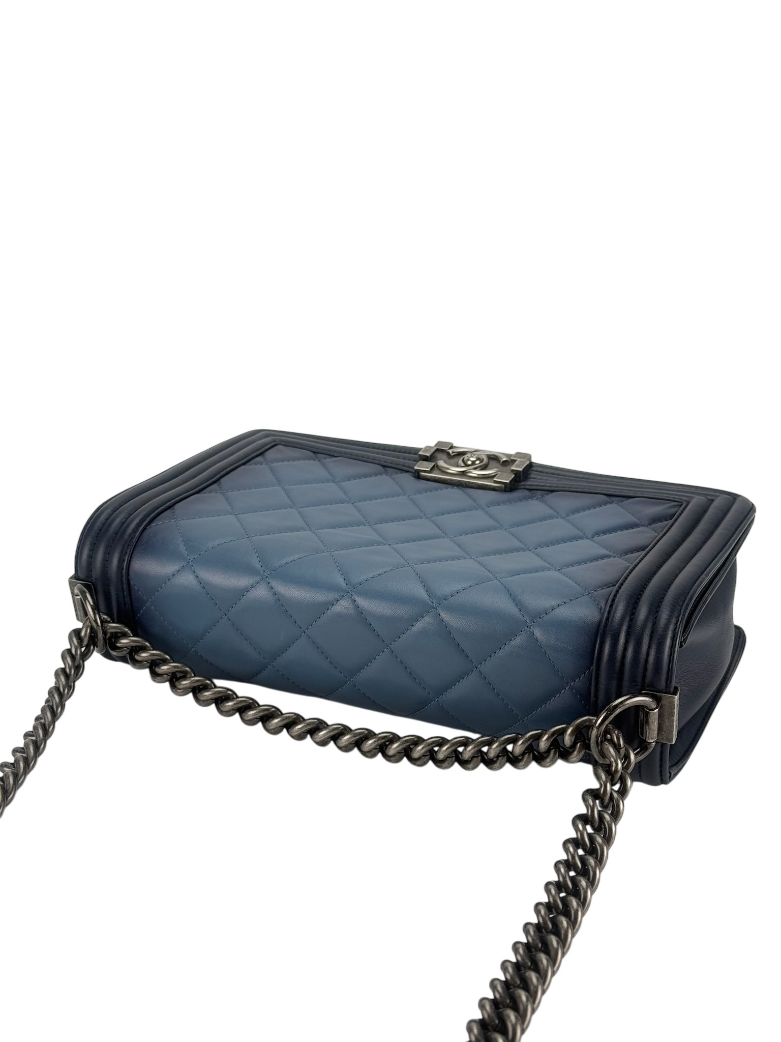 CHANEL - Medium Boy Flap Bag Navy Ombre Faded Calfskin Sliver Hardware