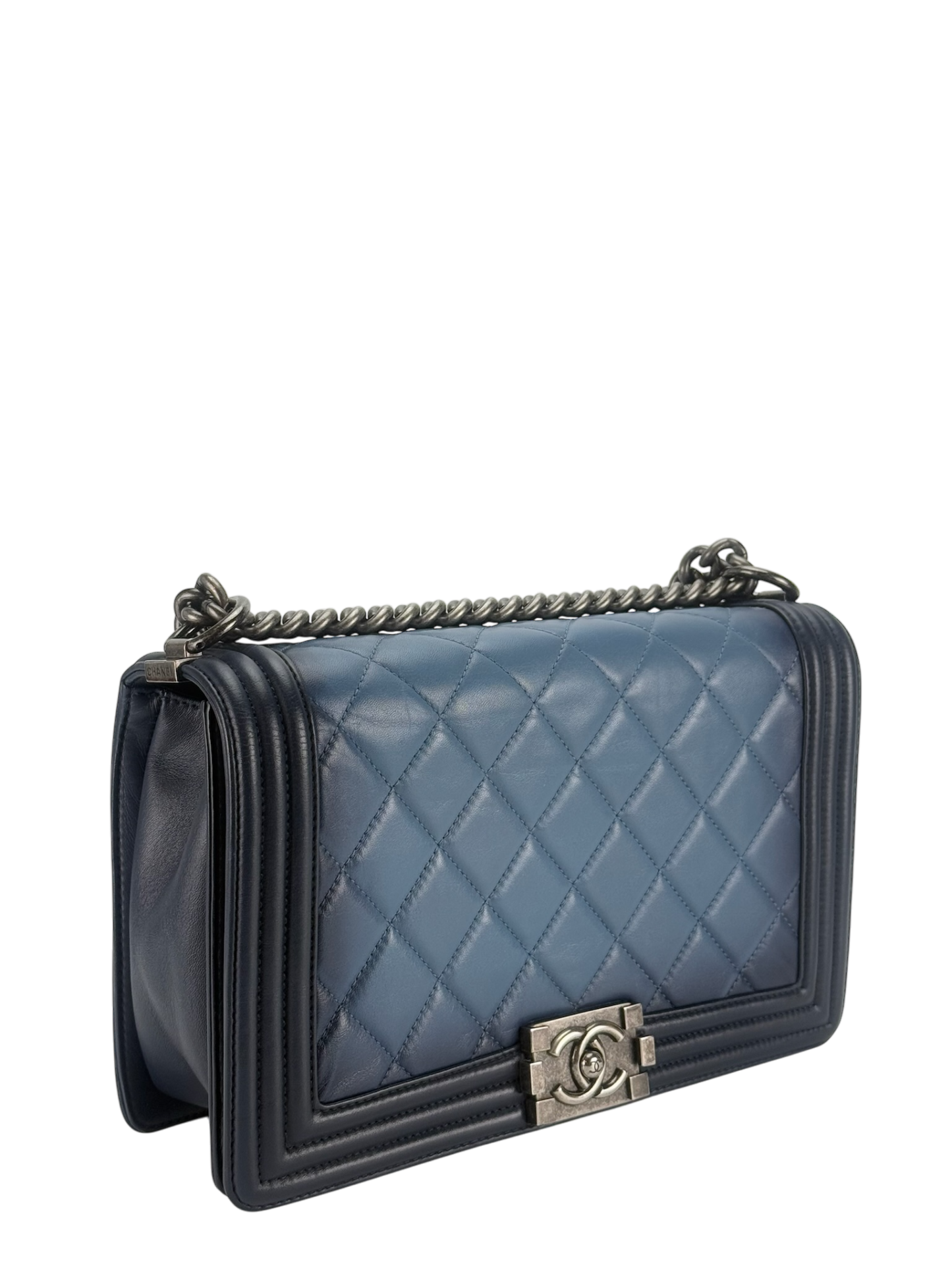 CHANEL - Medium Boy Flap Bag Navy Ombre Faded Calfskin Sliver Hardware