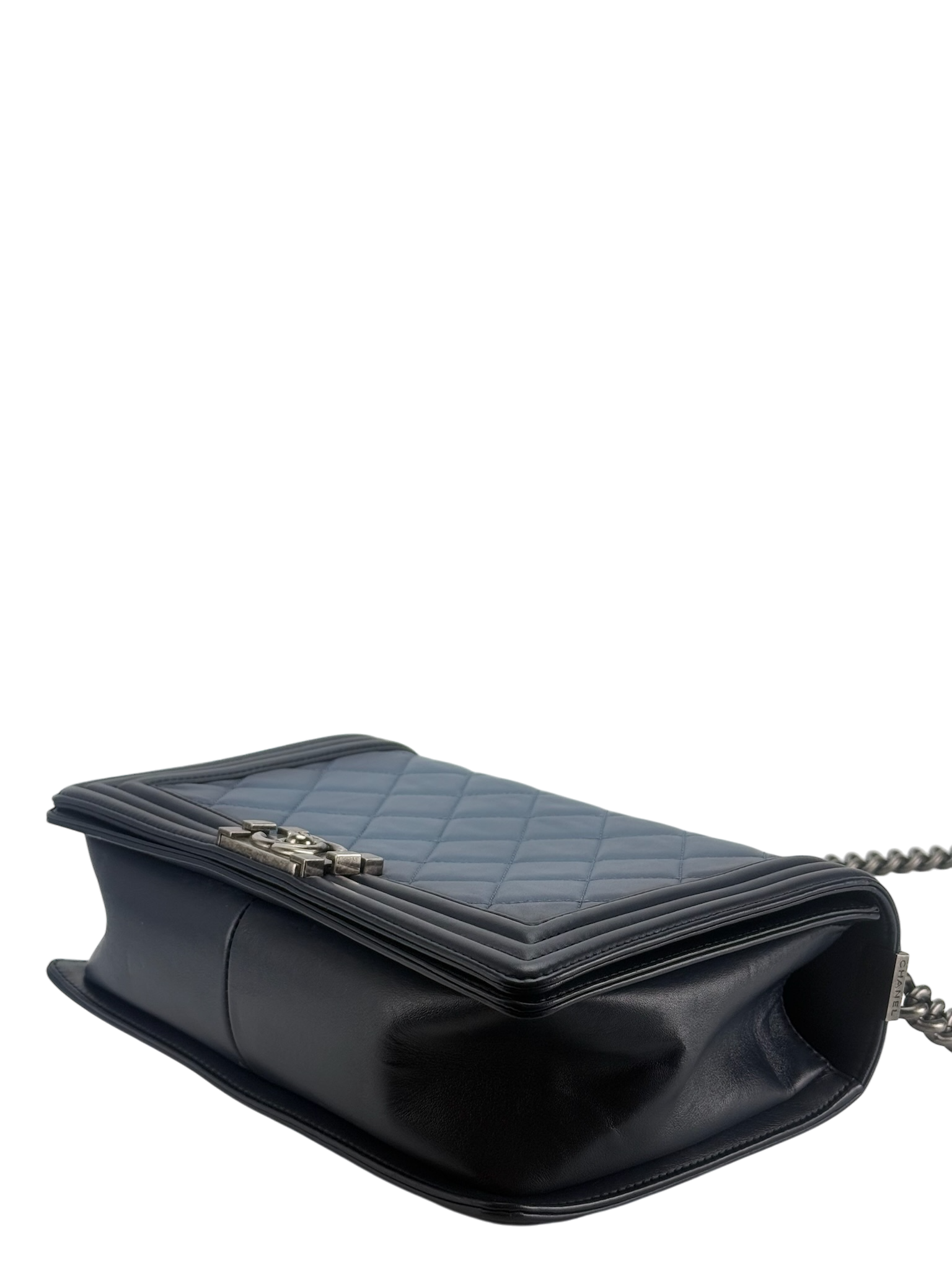 CHANEL - Medium Boy Flap Bag Navy Ombre Faded Calfskin Sliver Hardware