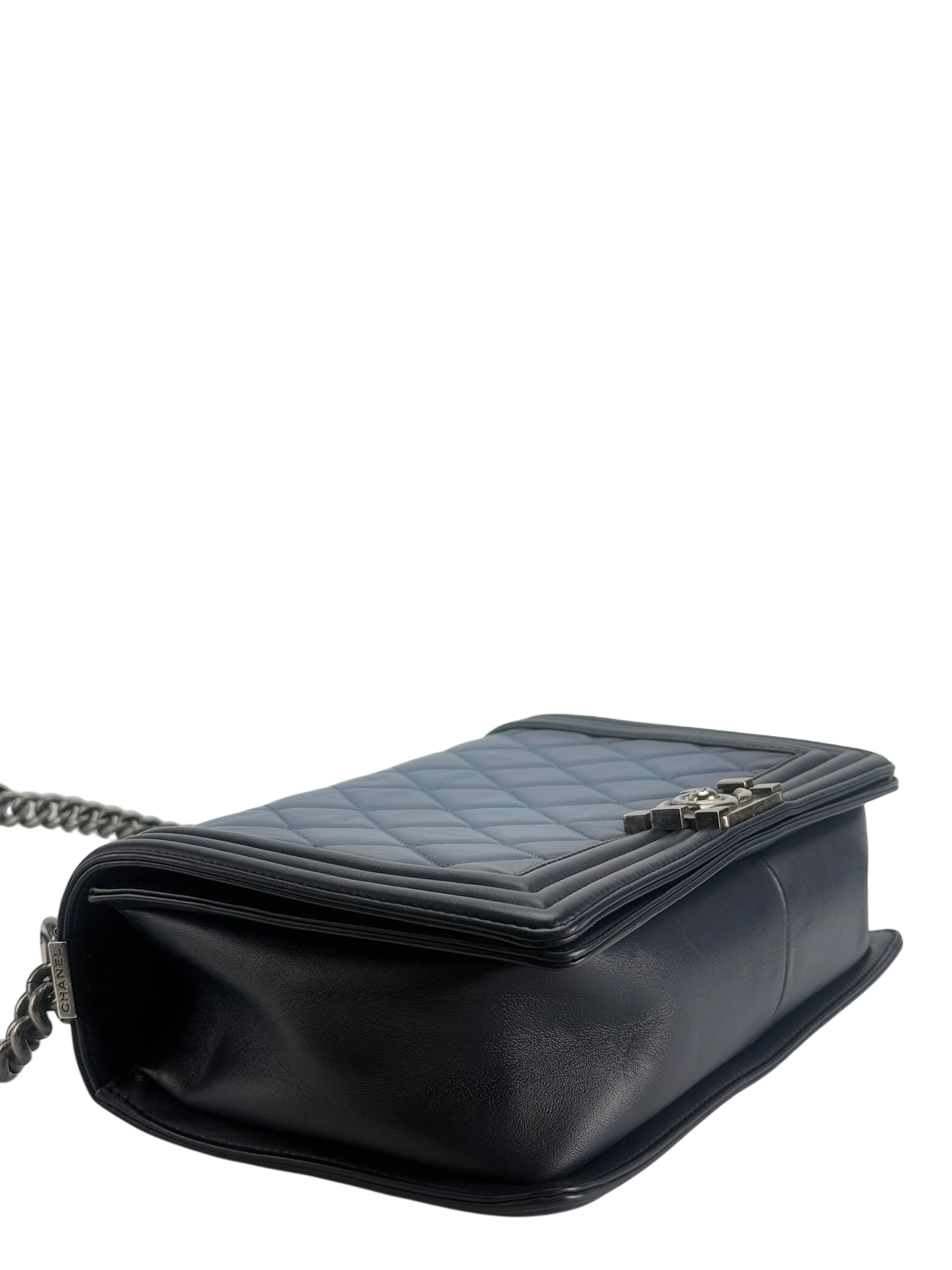 CHANEL - Medium Boy Flap Bag Navy Ombre Faded Calfskin Sliver Hardware