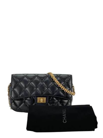 CHANEL - Black Calfskin 2.55Matelasse Chain Wallet Shoulder Bag Gold Hardware