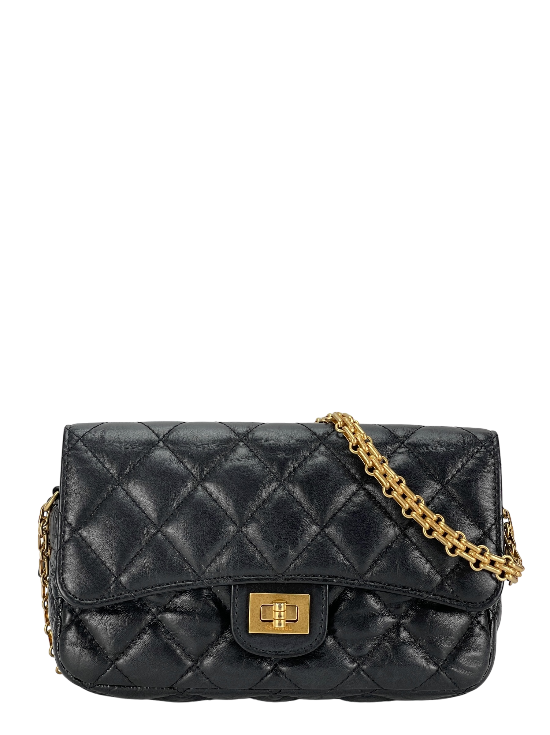 CHANEL - Black Calfskin 2.55Matelasse Chain Wallet Shoulder Bag Gold Hardware
