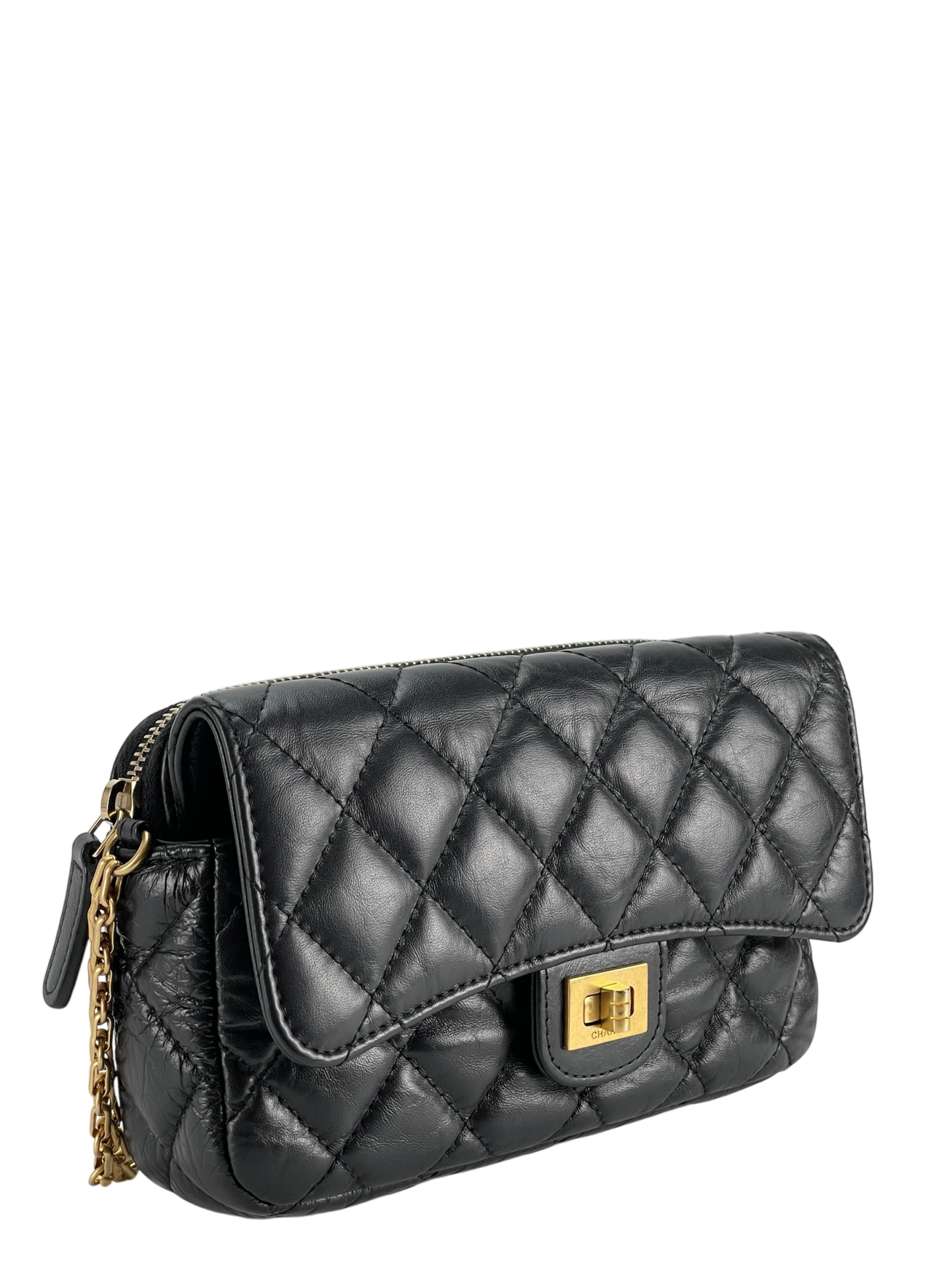 CHANEL - Black Calfskin 2.55Matelasse Chain Wallet Shoulder Bag Gold Hardware
