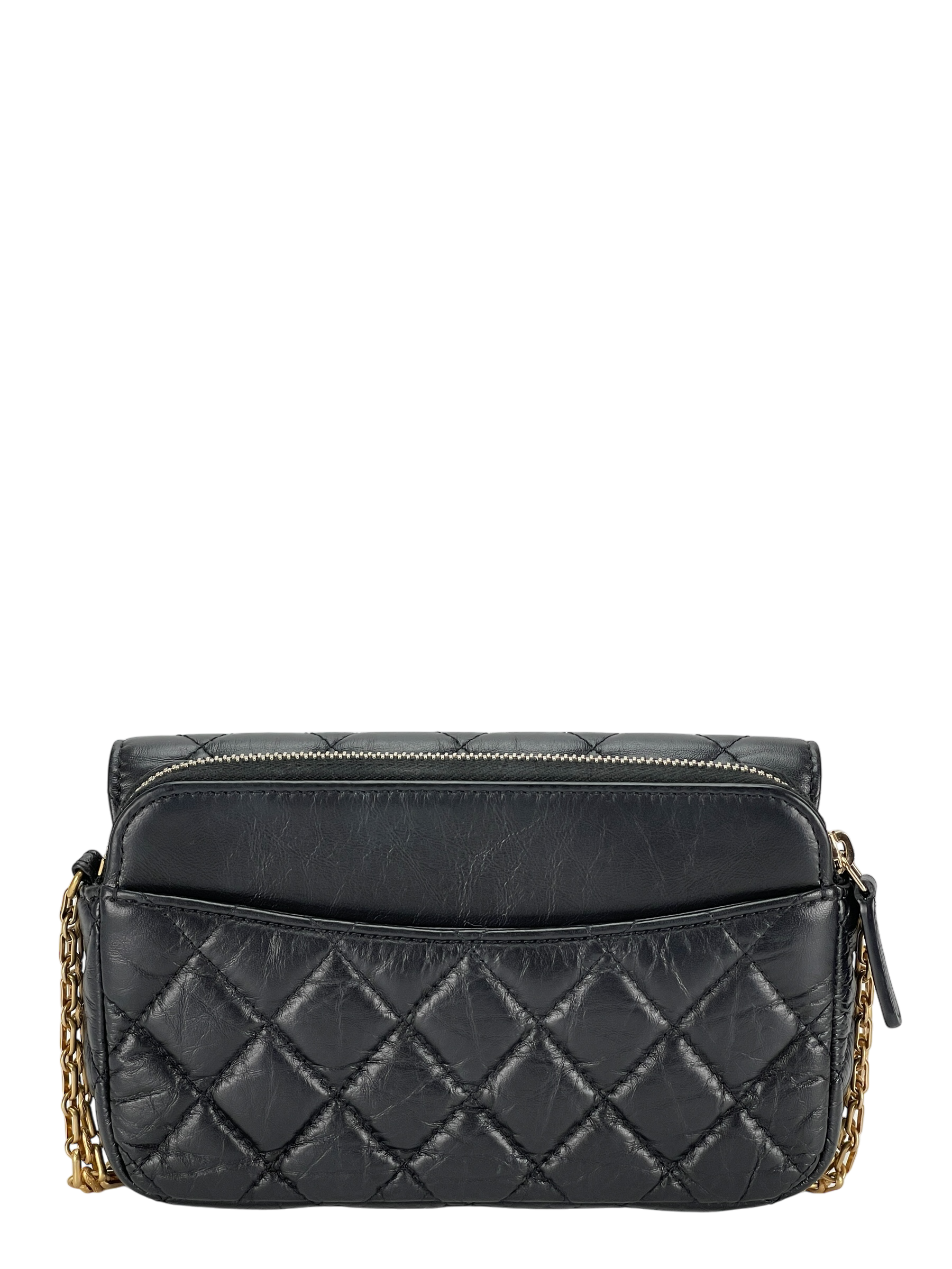 CHANEL - Black Calfskin 2.55Matelasse Chain Wallet Shoulder Bag Gold Hardware