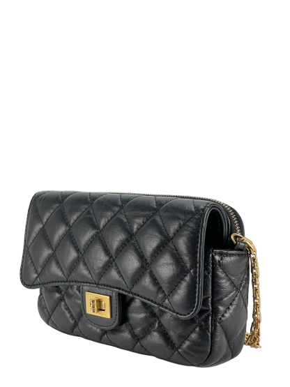 CHANEL - Black Calfskin 2.55Matelasse Chain Wallet Shoulder Bag Gold Hardware